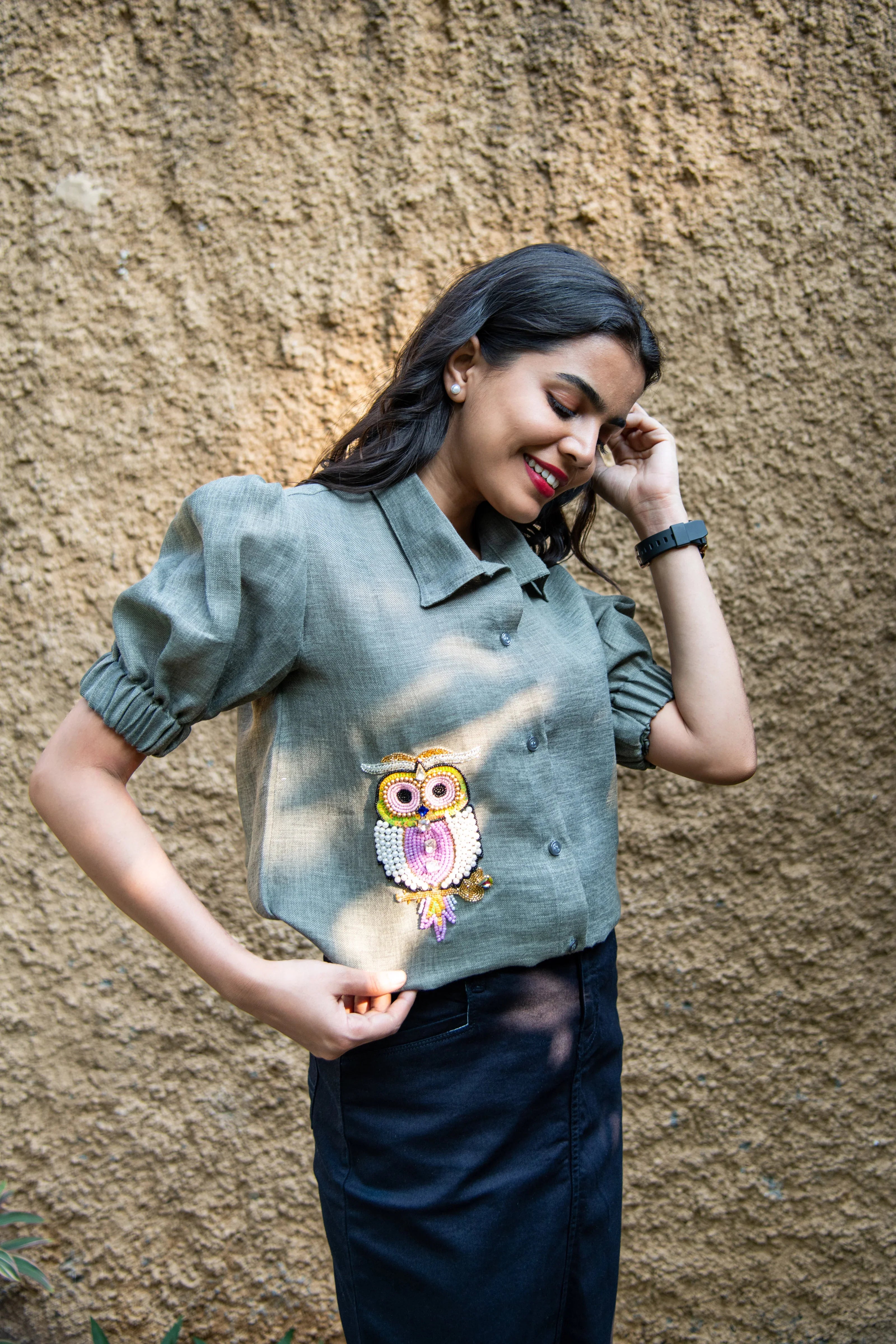 Grey Cotton Linen Shirt with Owl Embroidery - Hello June