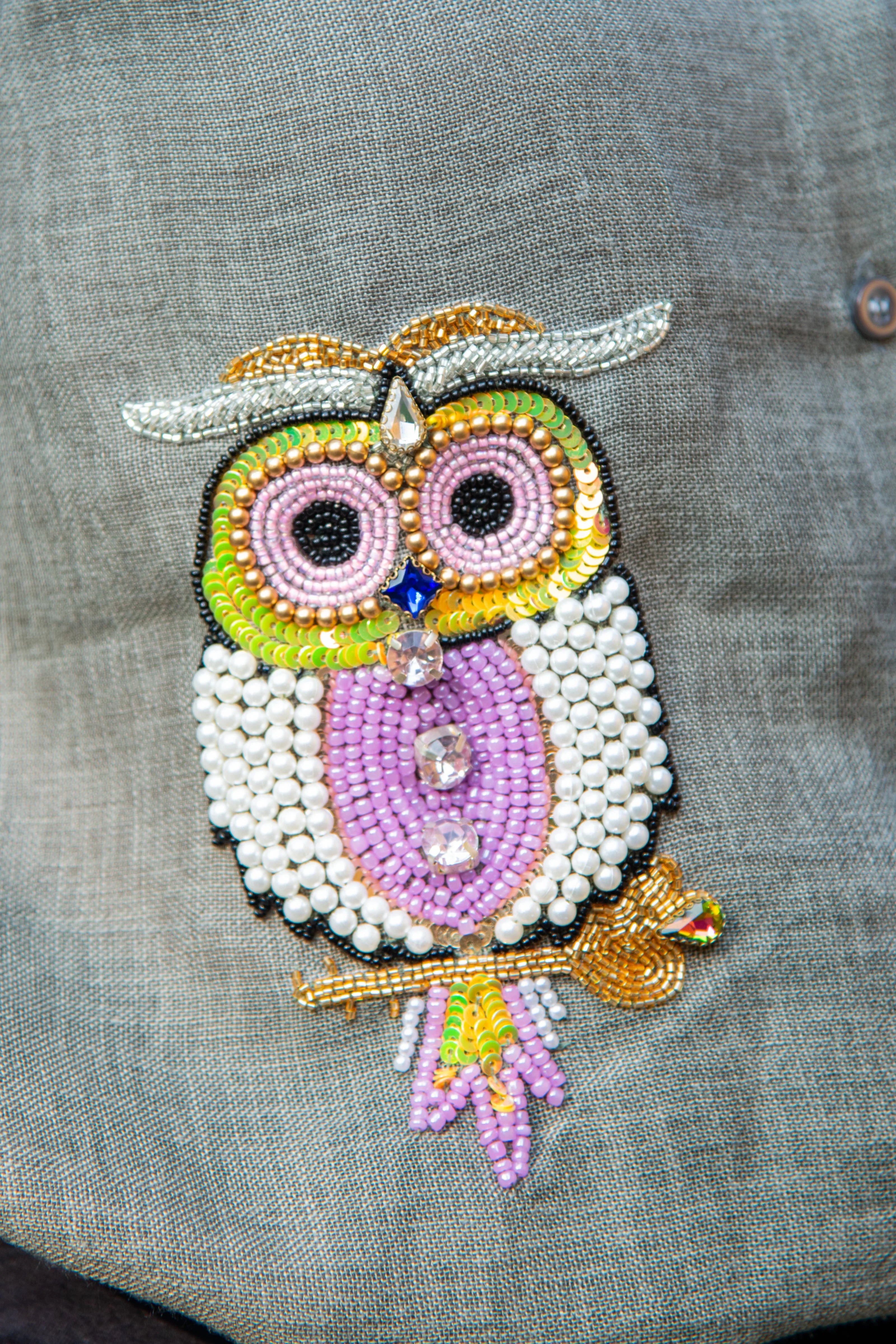 Grey Cotton Linen Shirt with Owl Embroidery - Hello June