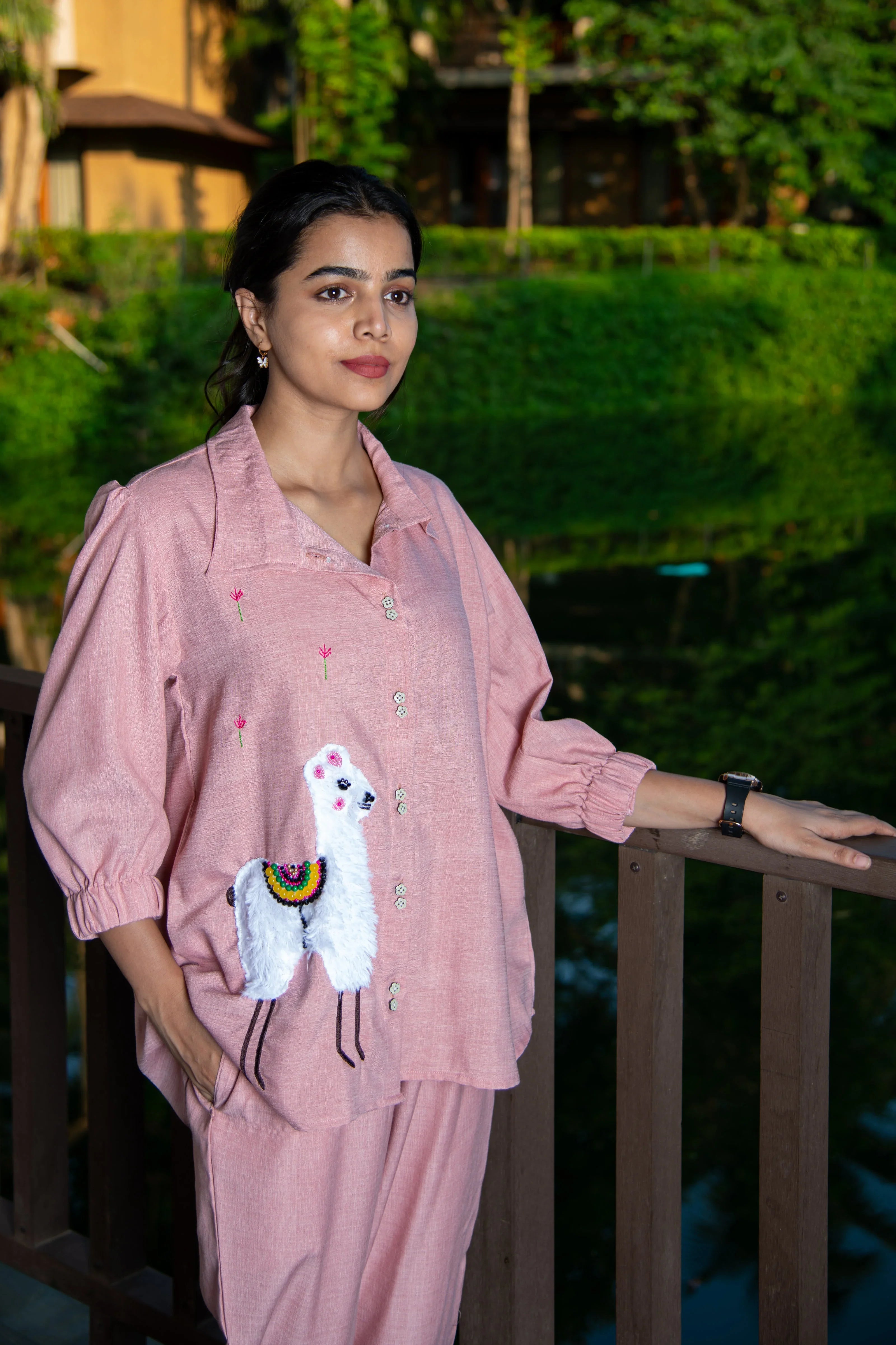 Pink Cotton Co-Ord with Lama Embroidery - Hello June