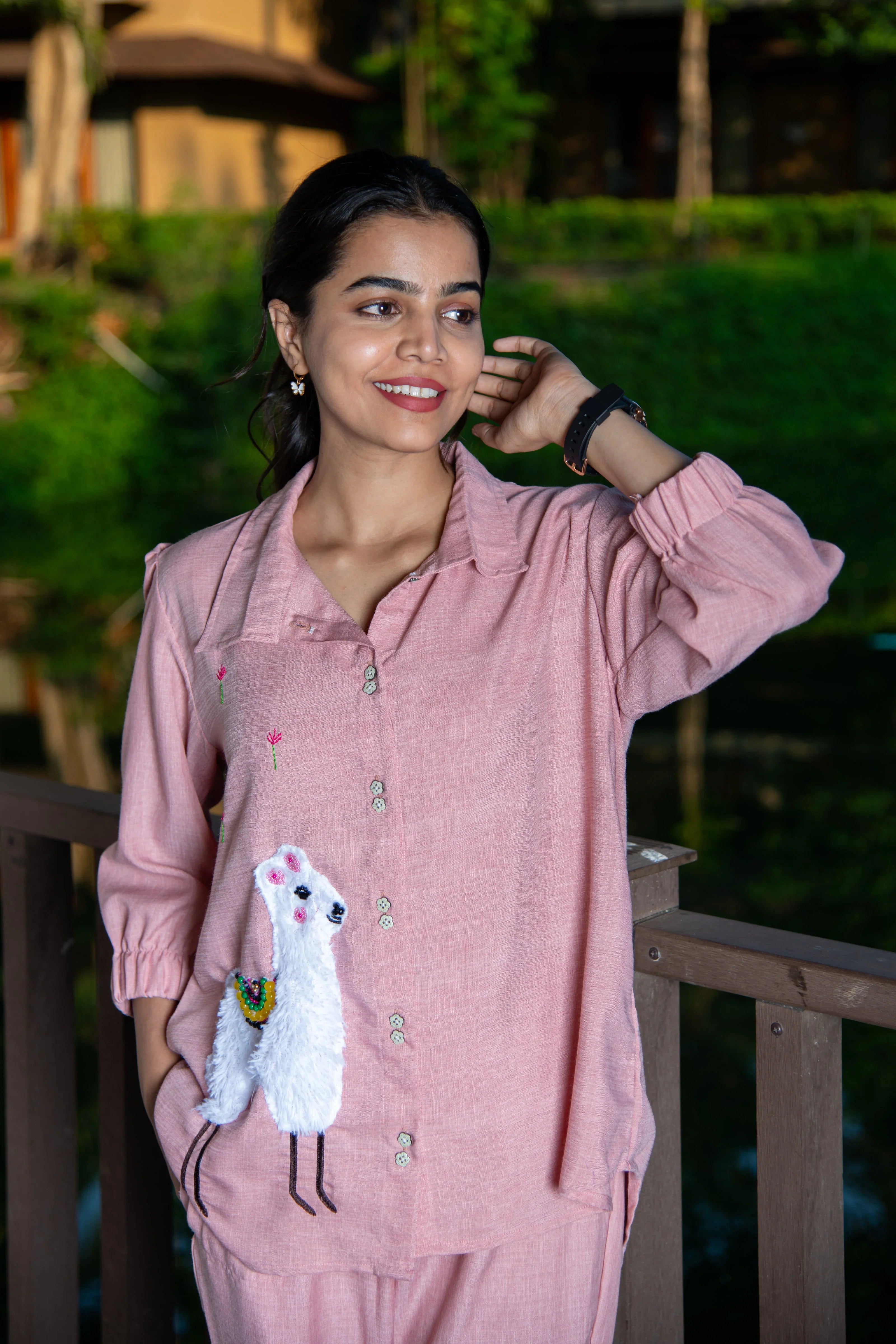 Pink Cotton Co-Ord with Lama Embroidery - Hello June