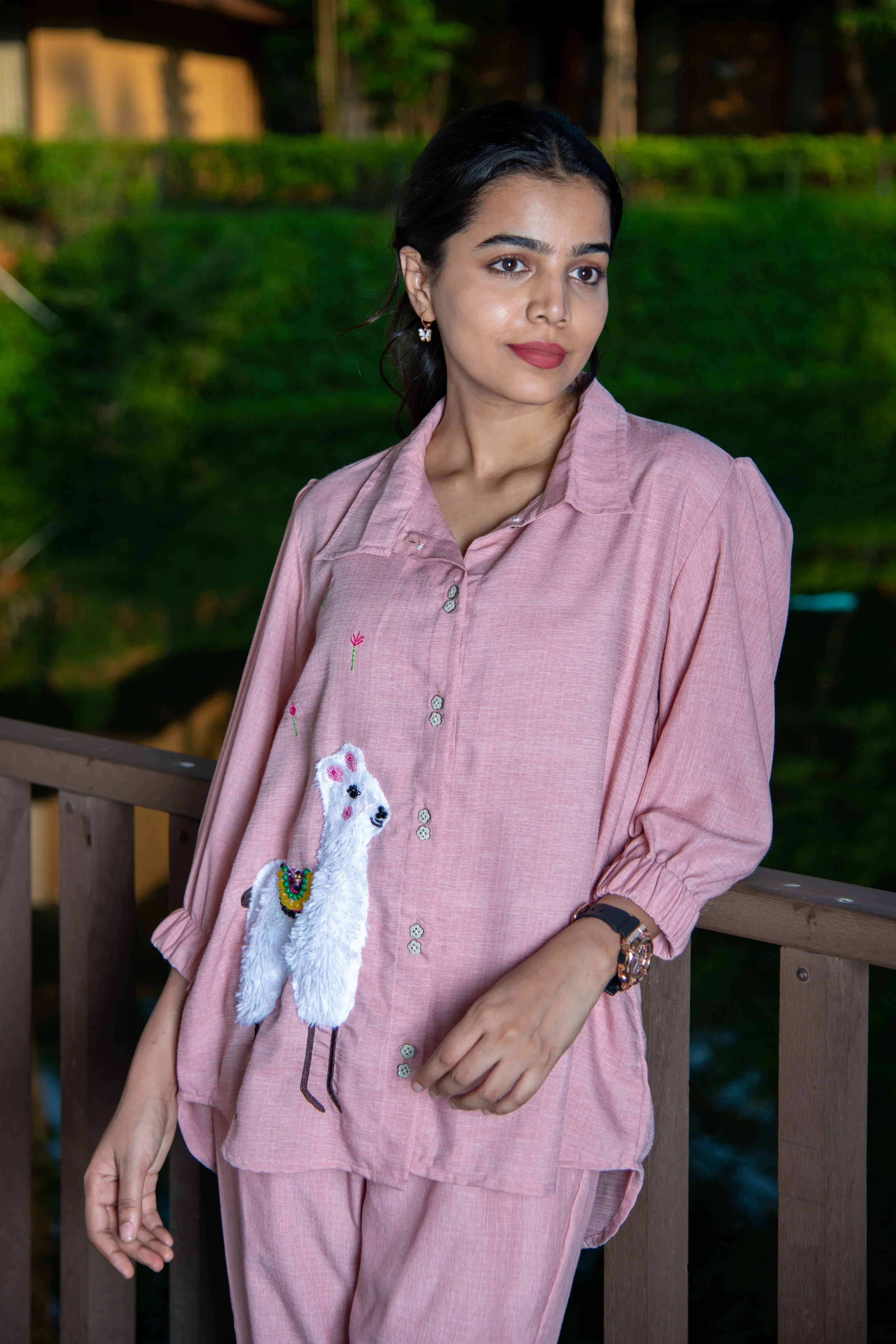 Pink Cotton Co-Ord with Lama Embroidery - Hello June