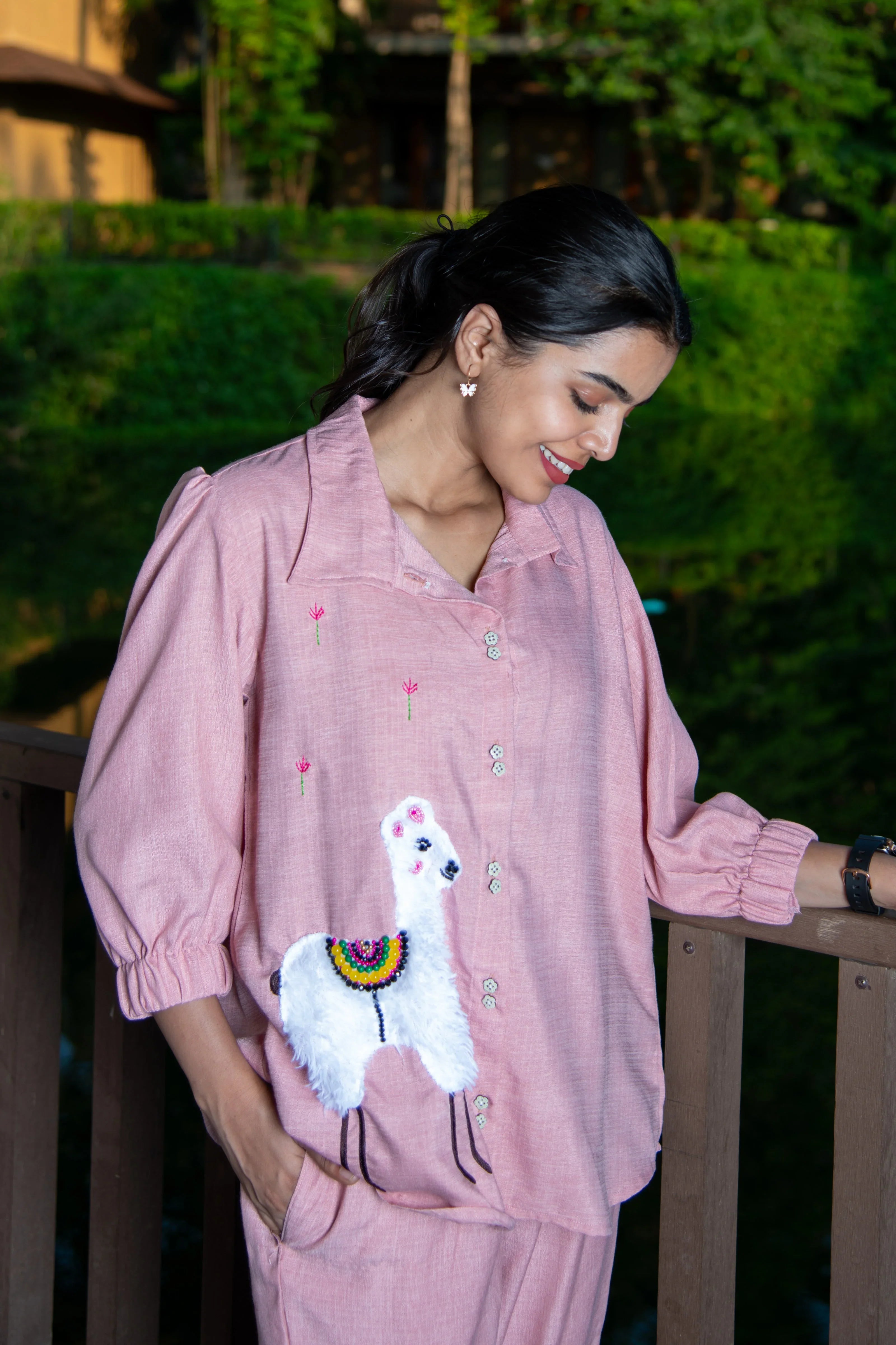 Pink Cotton Co-Ord with Lama Embroidery - Hello June