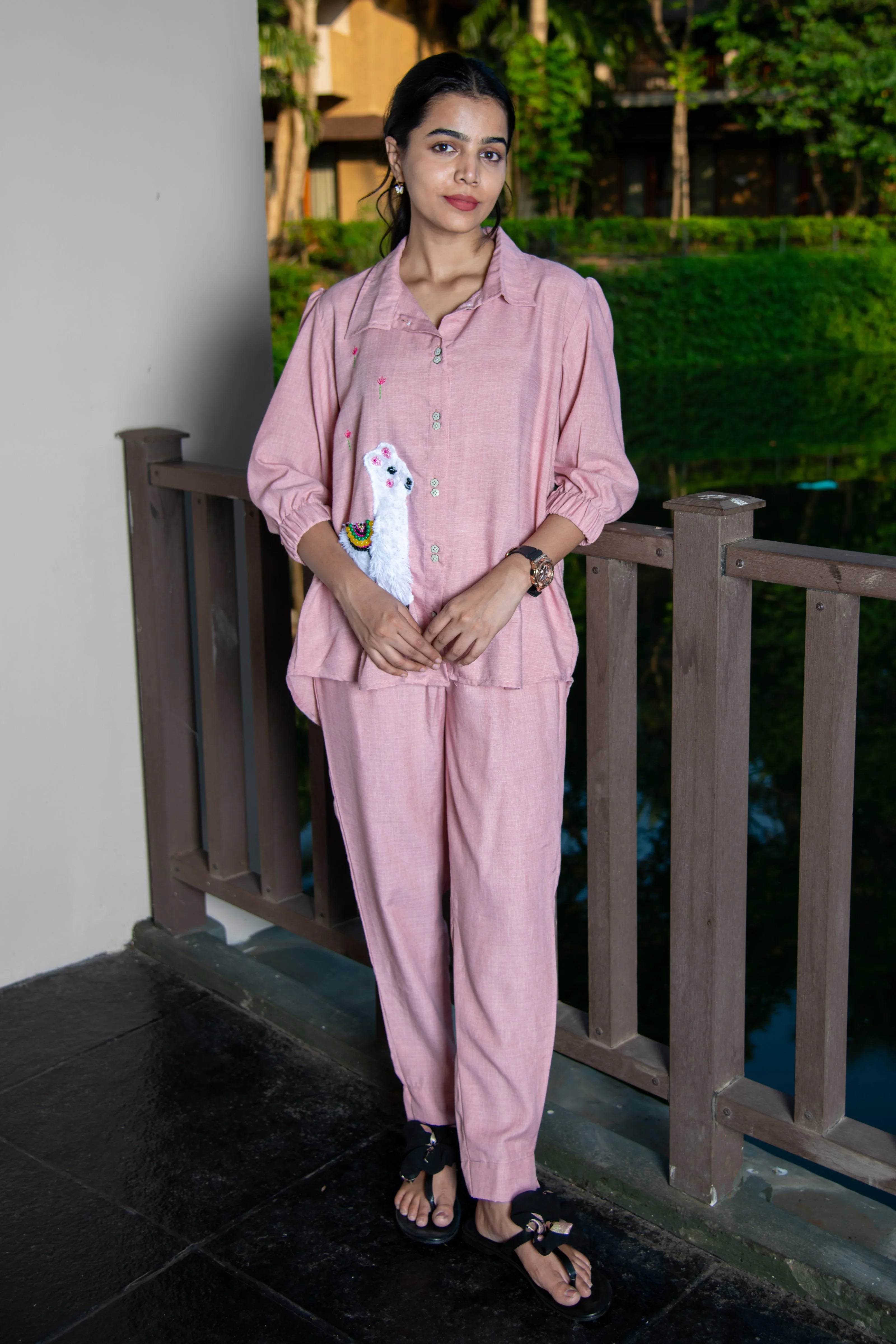 Pink Cotton Co-Ord with Lama Embroidery - Hello June