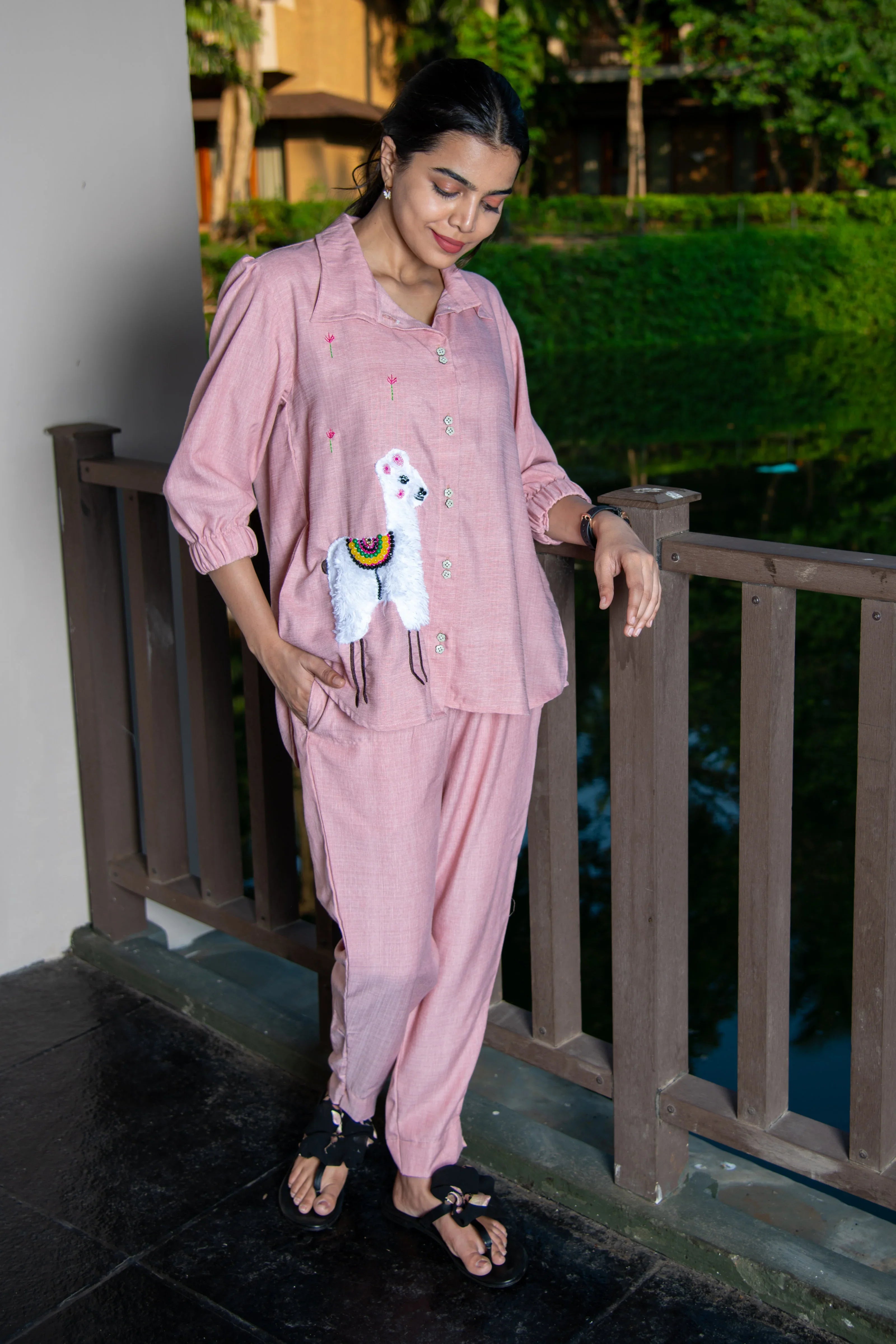 Pink Cotton Co-Ord with Lama Embroidery - Hello June