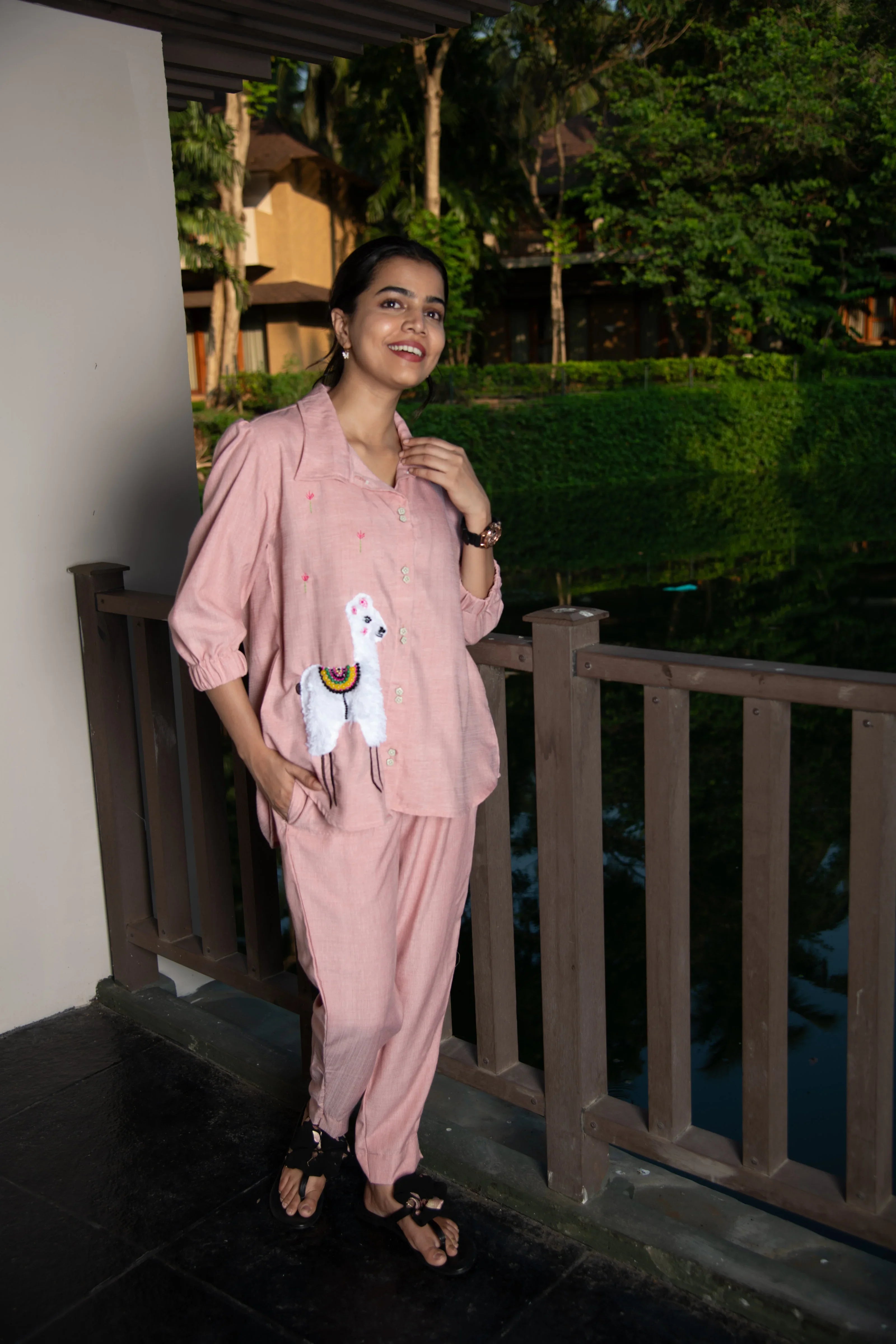 Pink Cotton Co-Ord with Lama Embroidery - Hello June