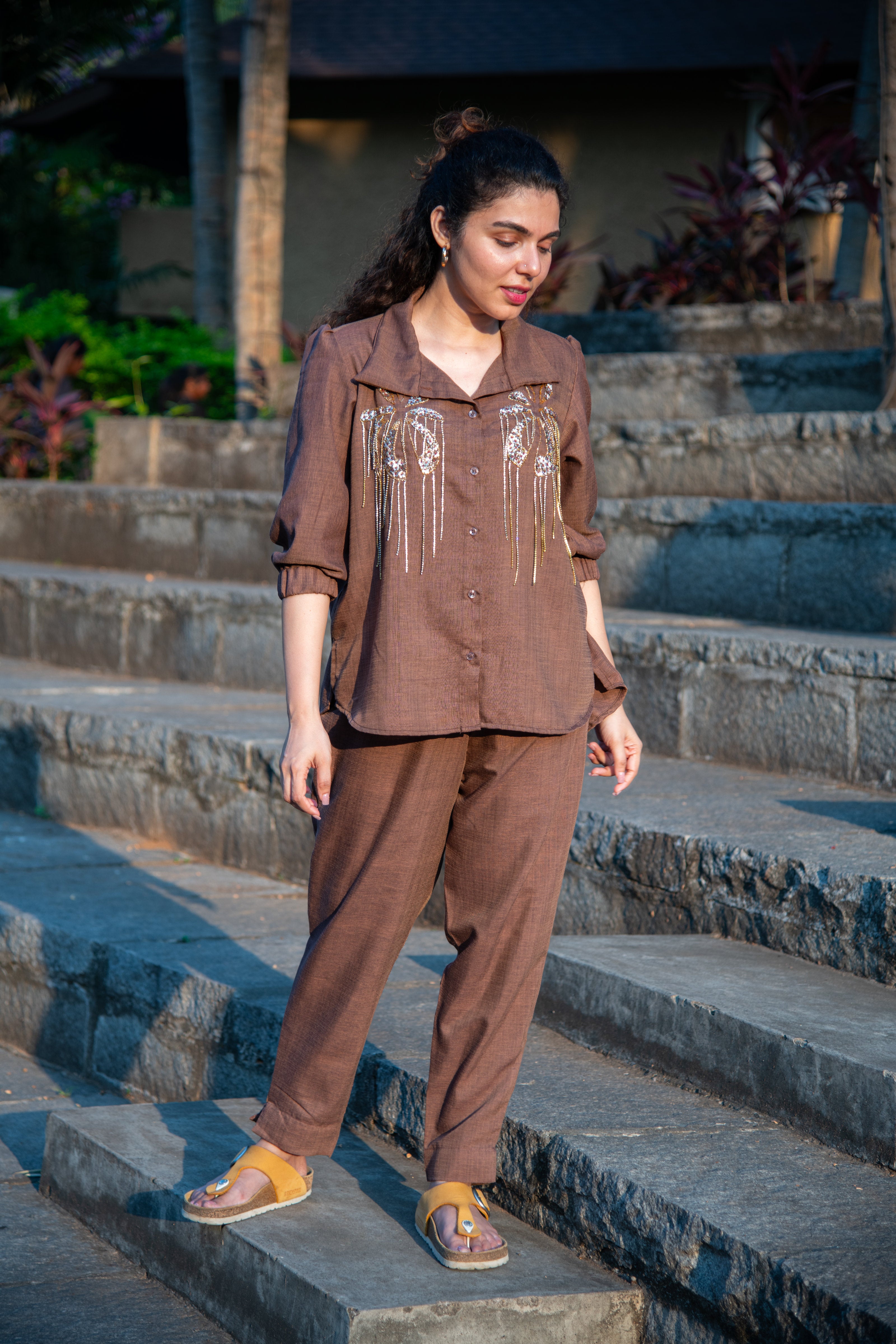 Brown Cotton Co-Ord with Sequin Embroidery - Label Xari