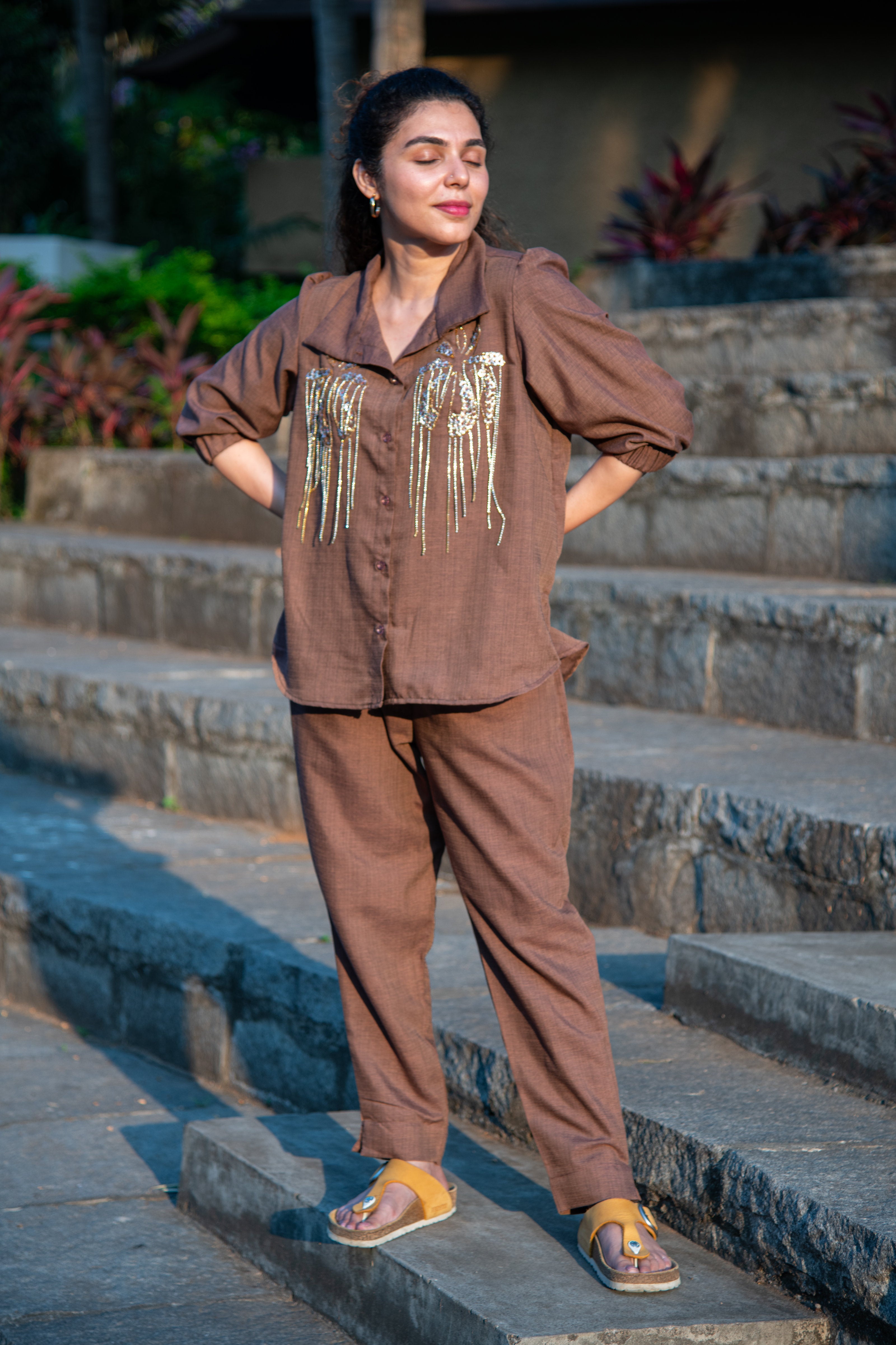 Brown Cotton Co-Ord with Sequin Embroidery - Label Xari