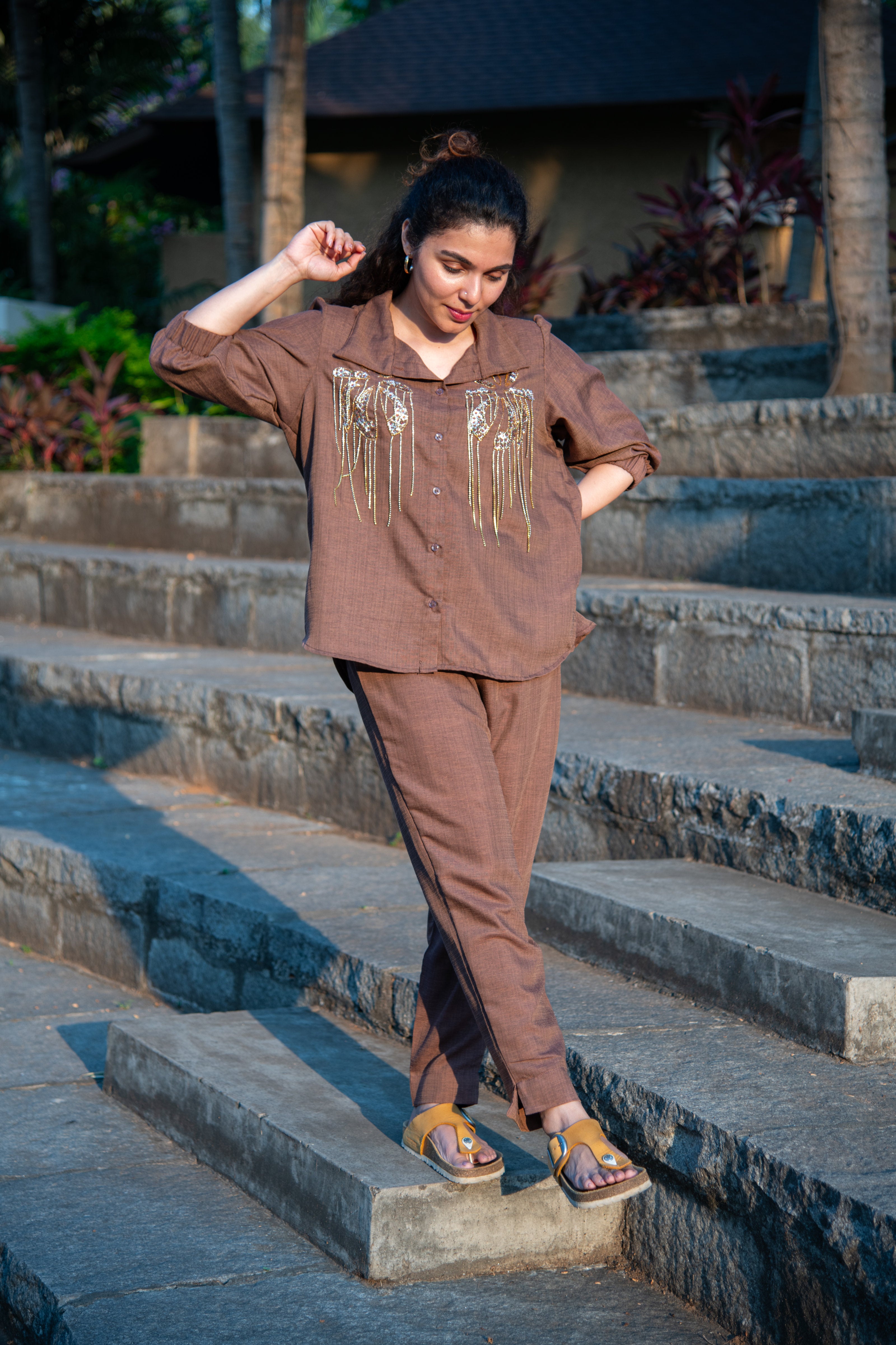 Brown Cotton Co-Ord with Sequin Embroidery - Label Xari