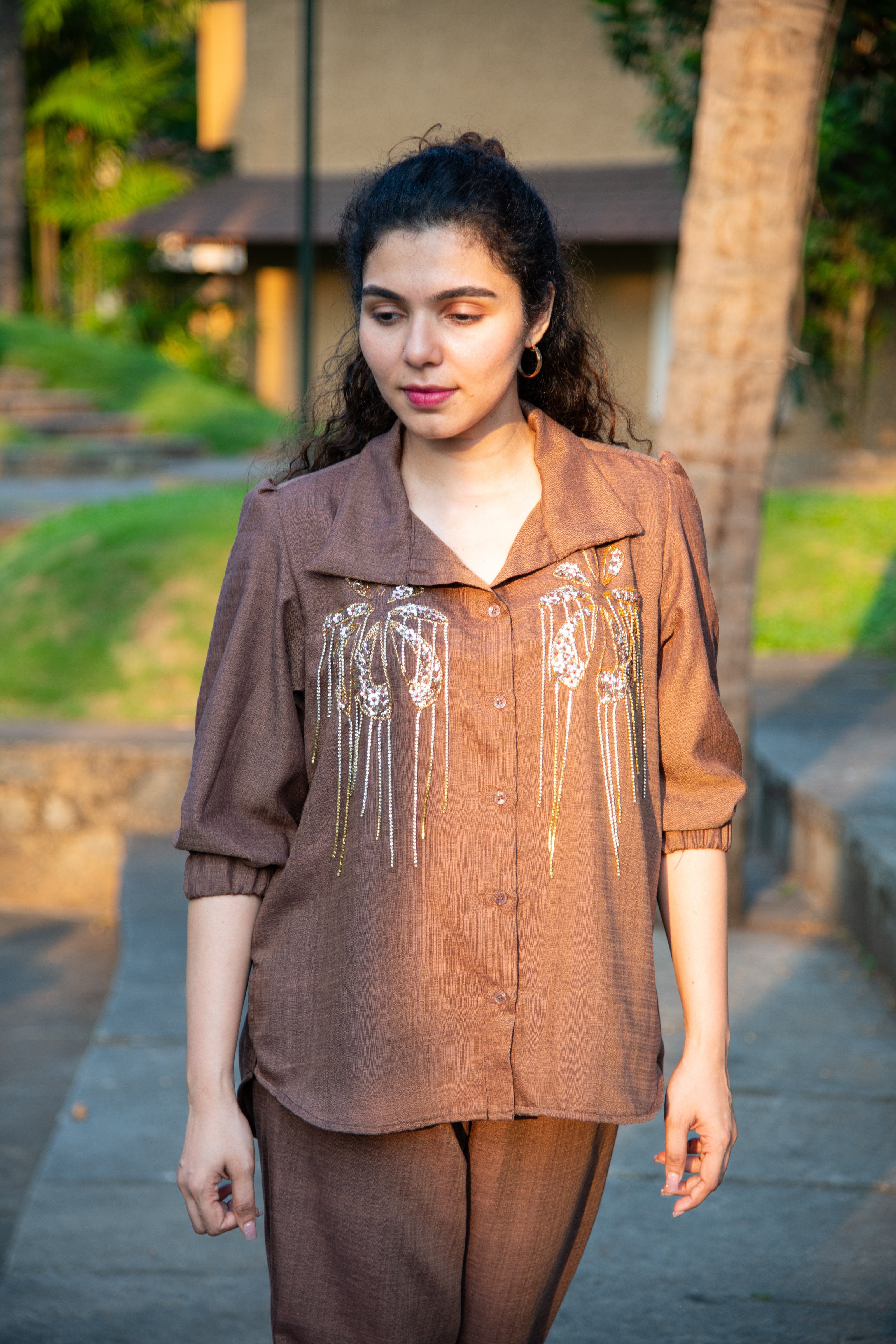 Brown Cotton Co-Ord with Sequin Embroidery - Label Xari