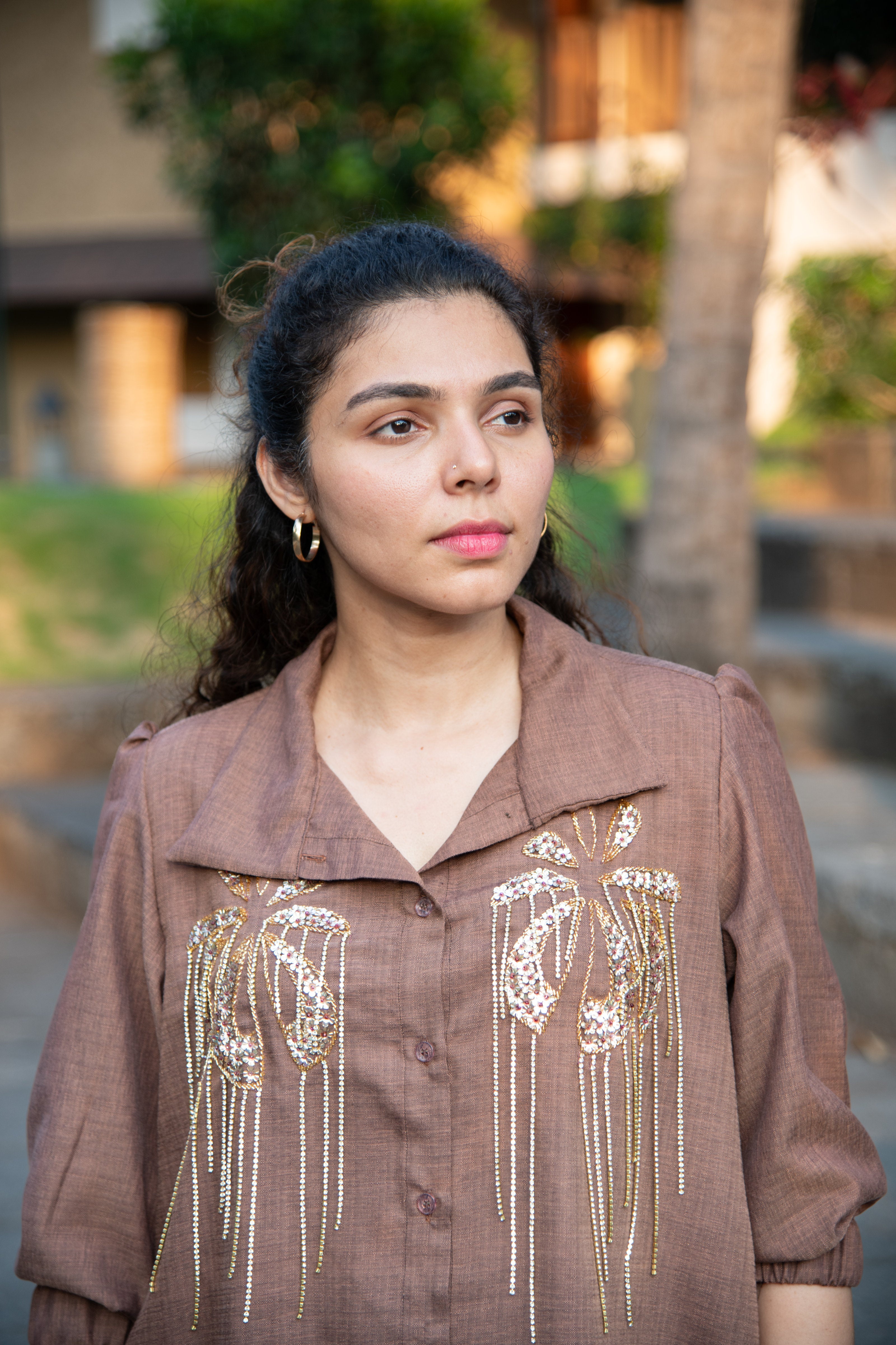 Brown Cotton Co-Ord with Sequin Embroidery - Label Xari
