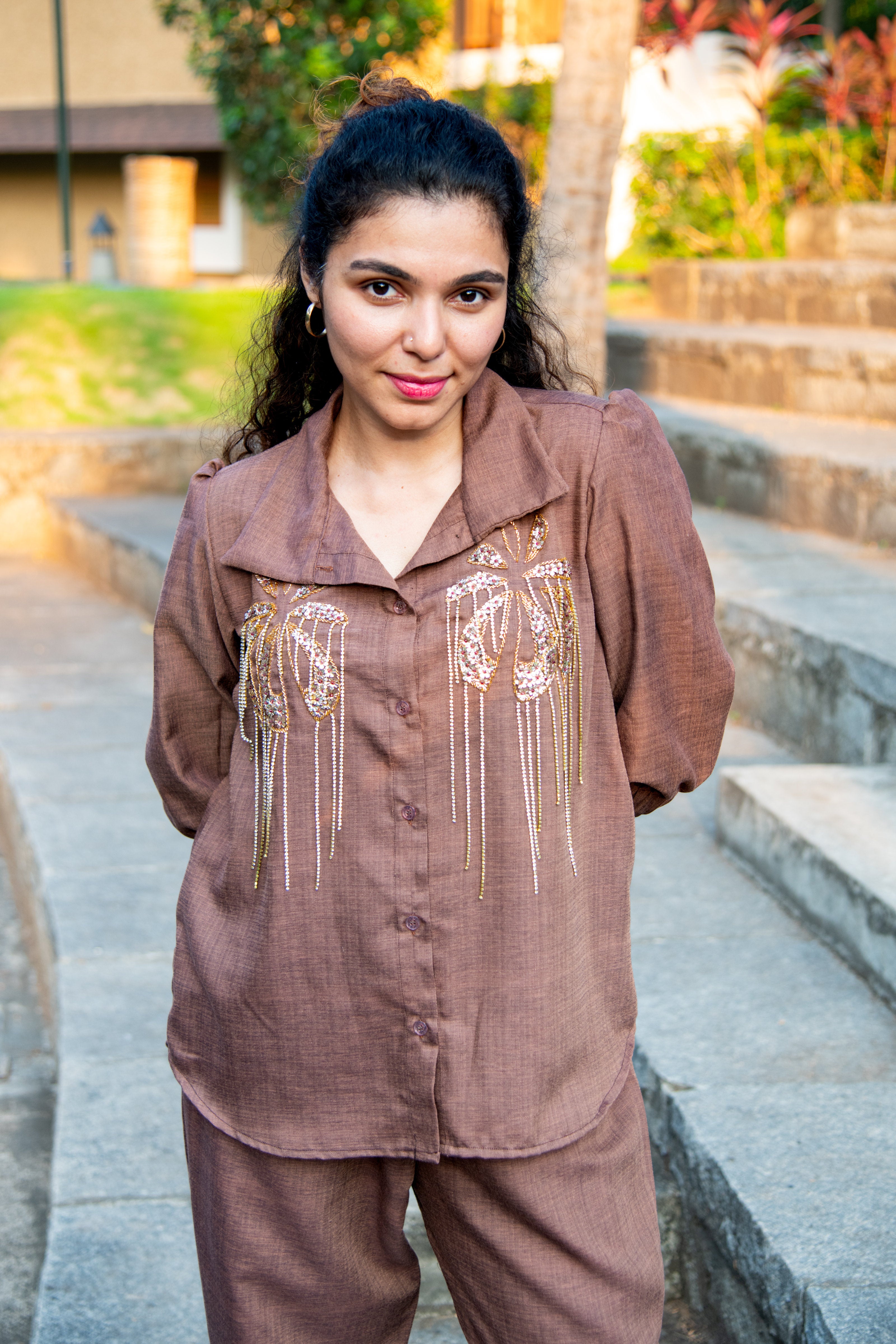 Brown Cotton Co-Ord with Sequin Embroidery - Label Xari