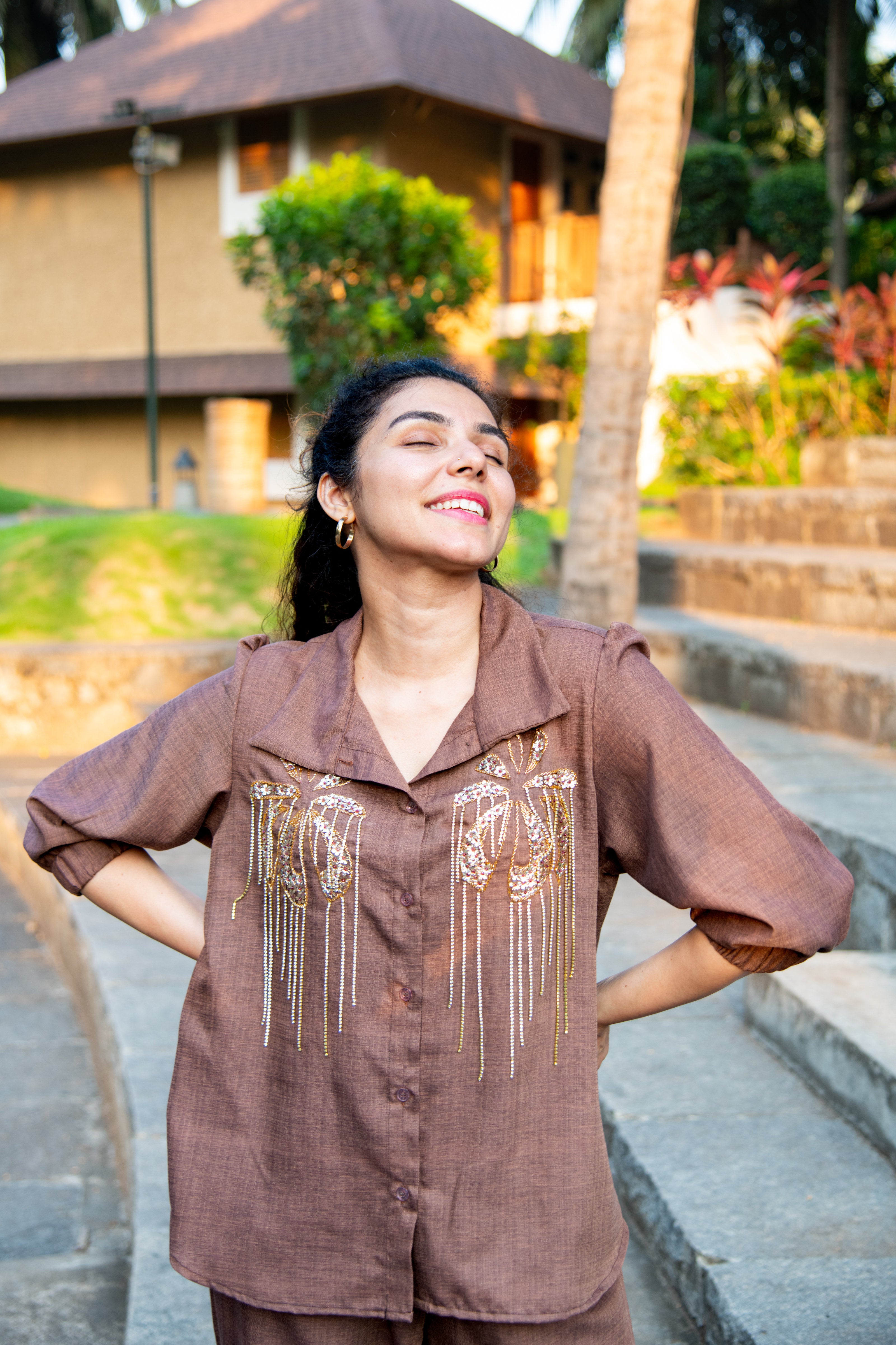 Brown Cotton Co-Ord with Sequin Embroidery - Label Xari