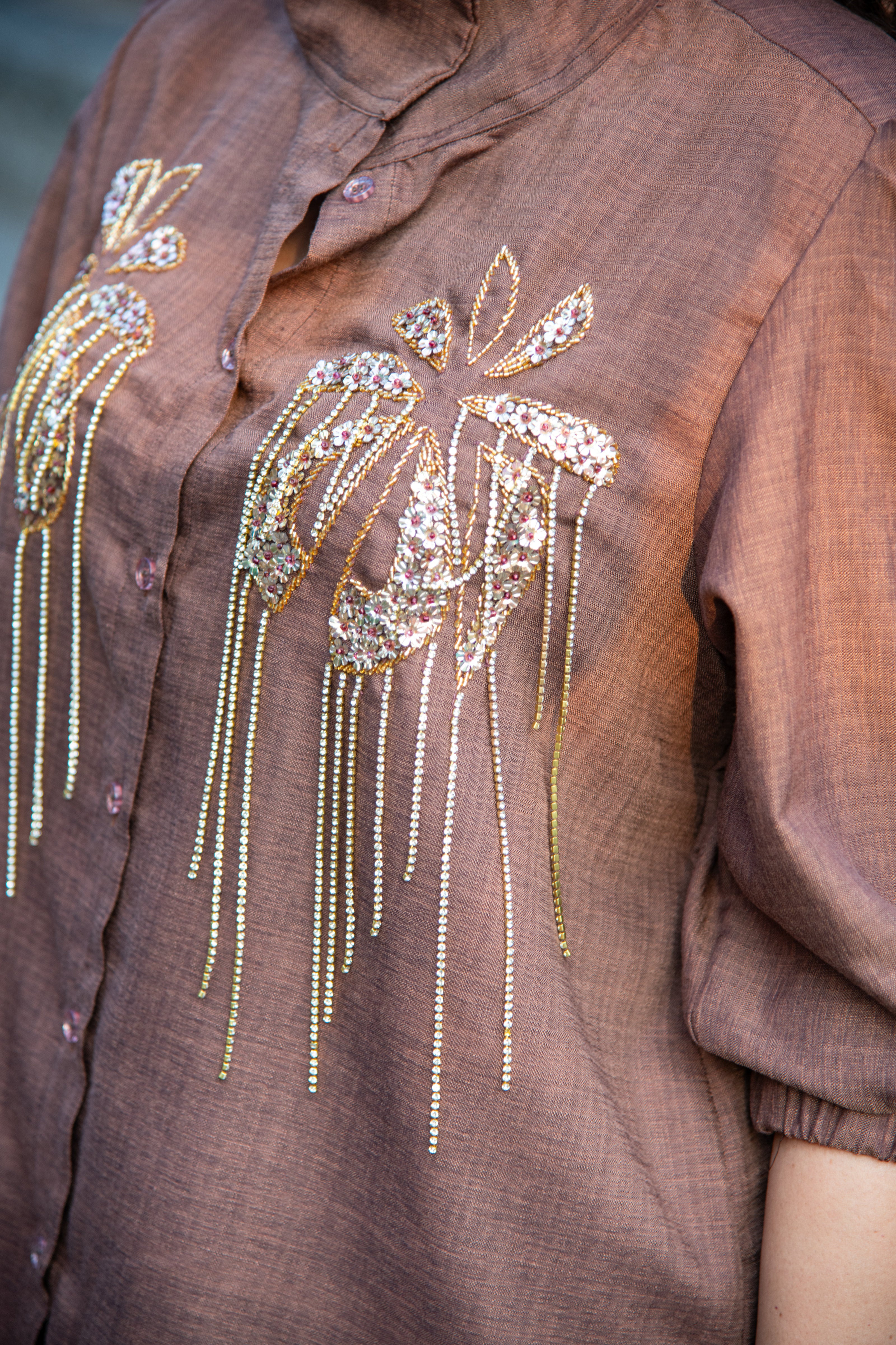Brown Cotton Co-Ord with Sequin Embroidery - Label Xari