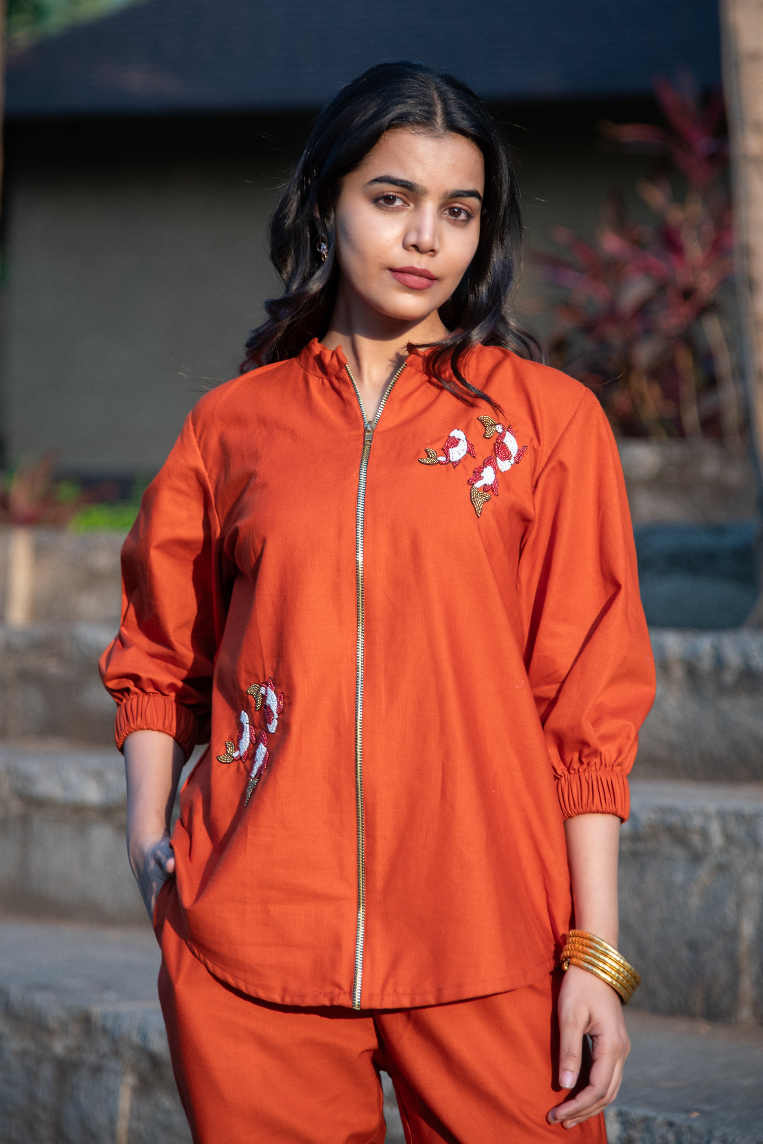 Rust Cotton Co-Ord with Koi Fish Emboirdery - Label Xari