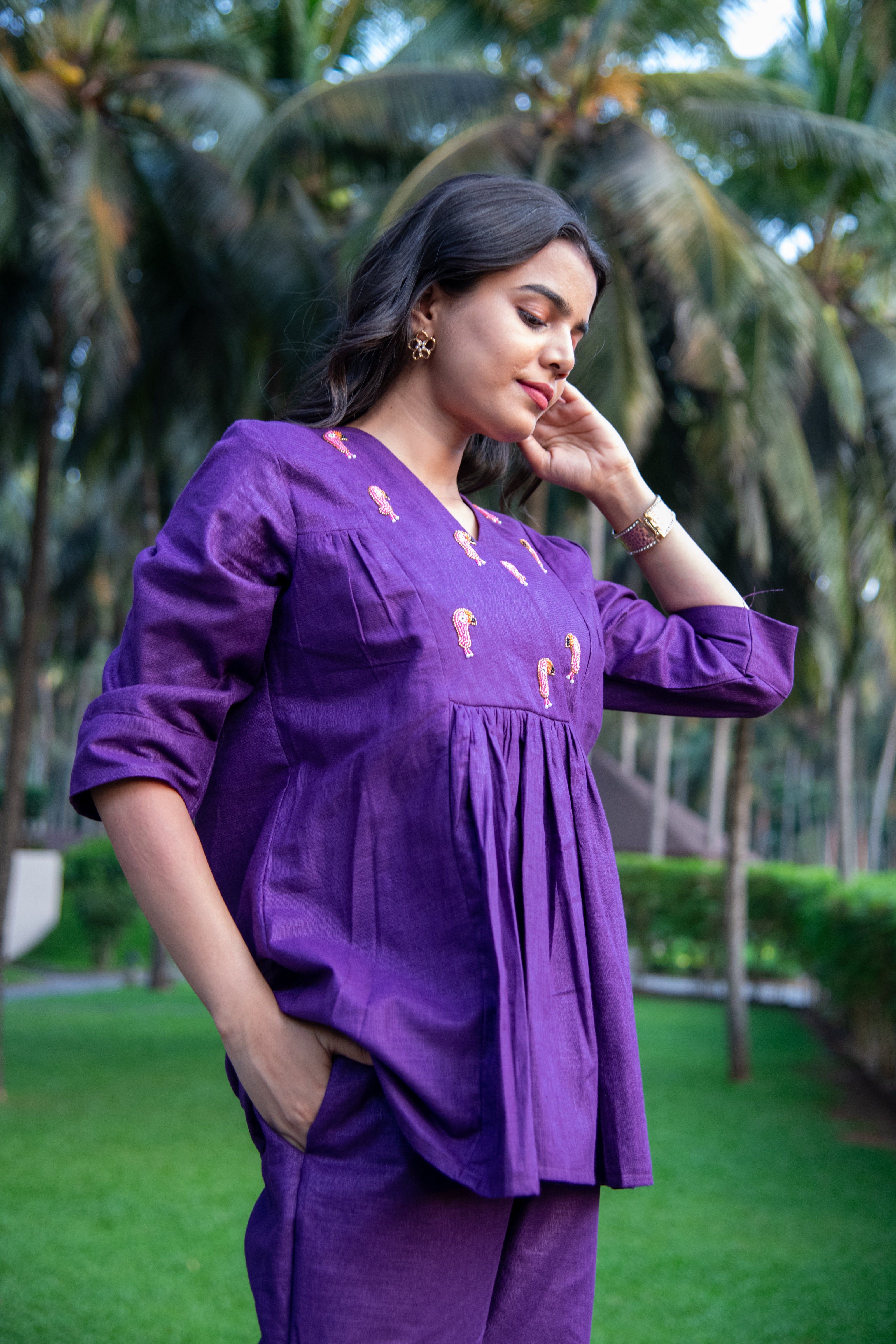 Purple Cotton Linen Co-Ord with Tucan Embroidery - Label Xari