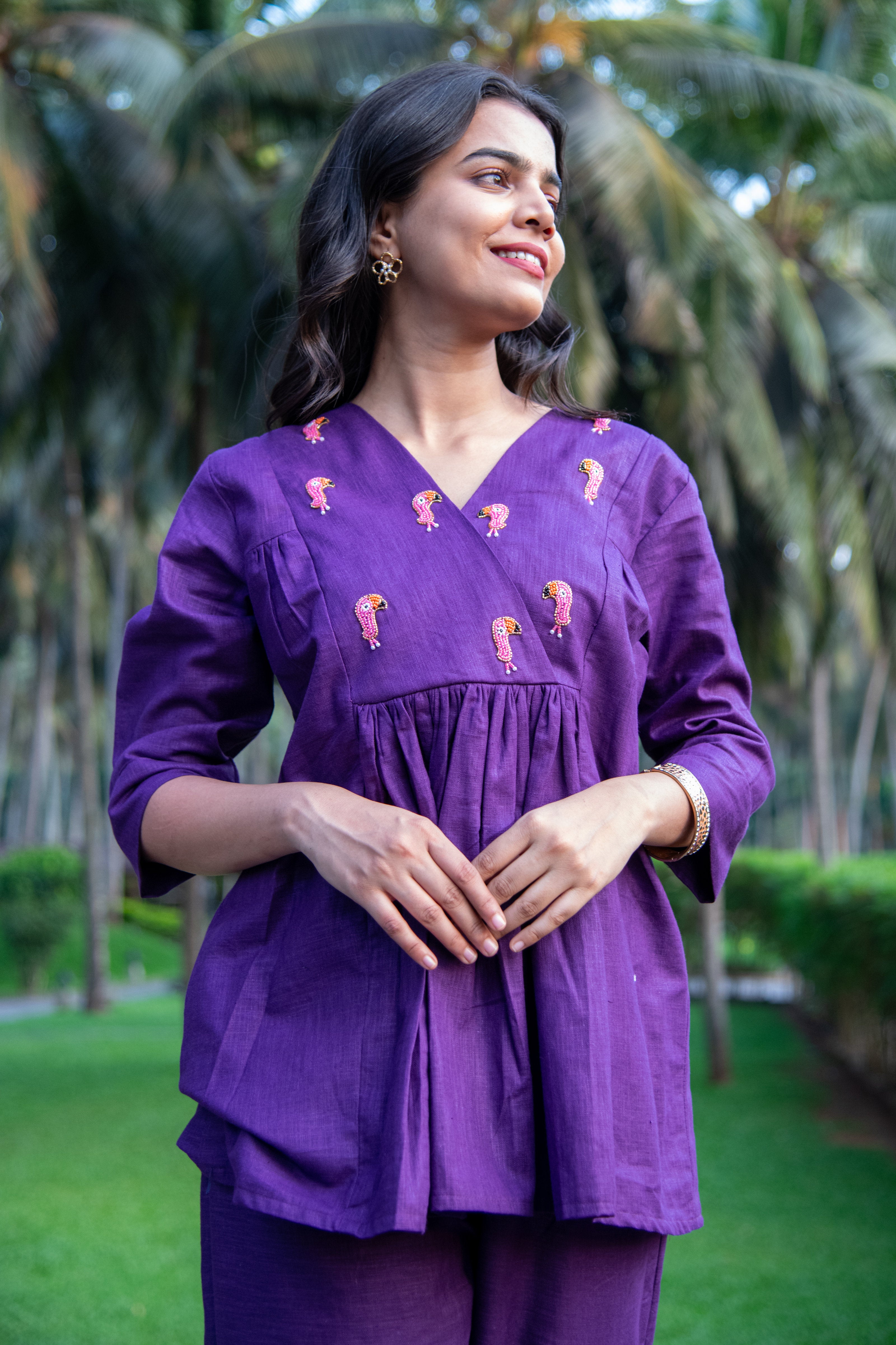 Purple Cotton Linen Co-Ord with Tucan Embroidery - Label Xari
