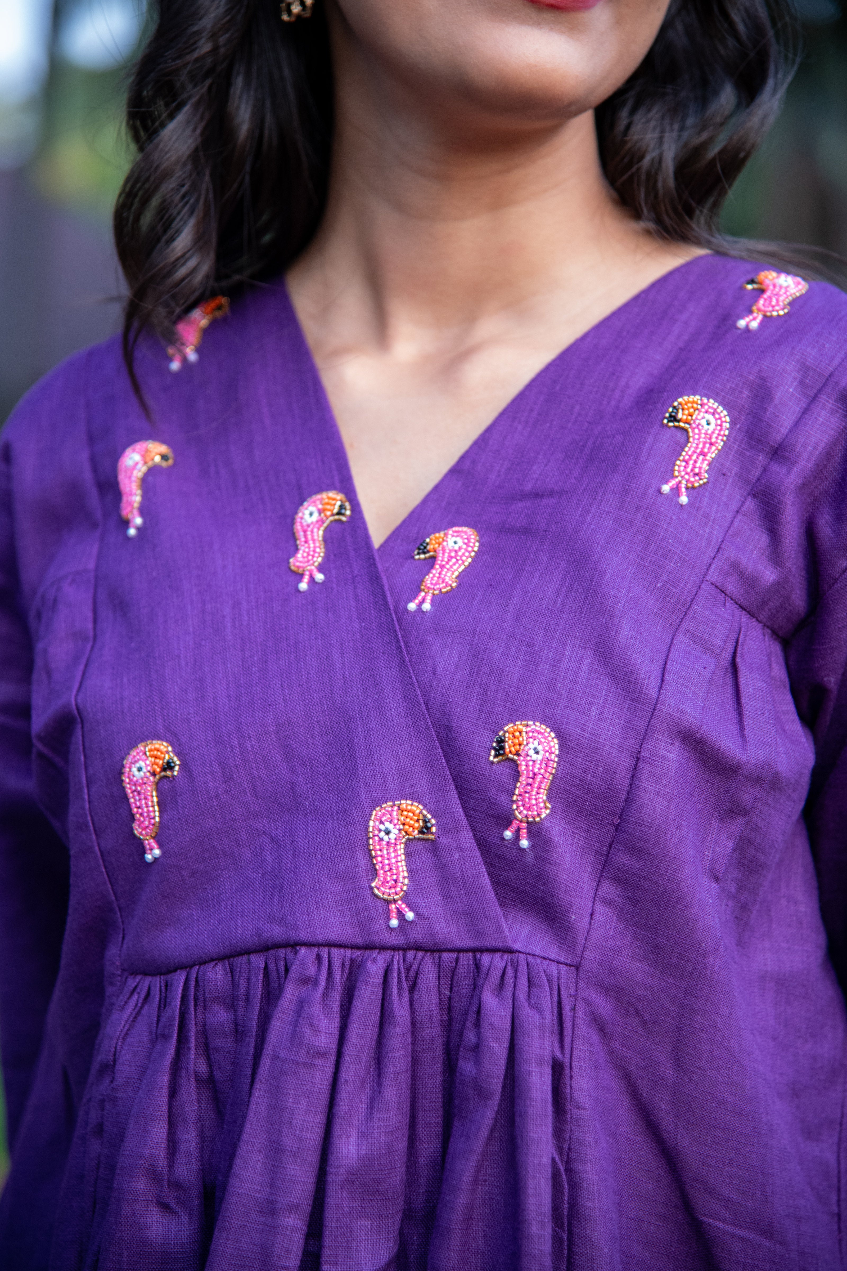 Purple Cotton Linen Co-Ord with Tucan Embroidery - Label Xari