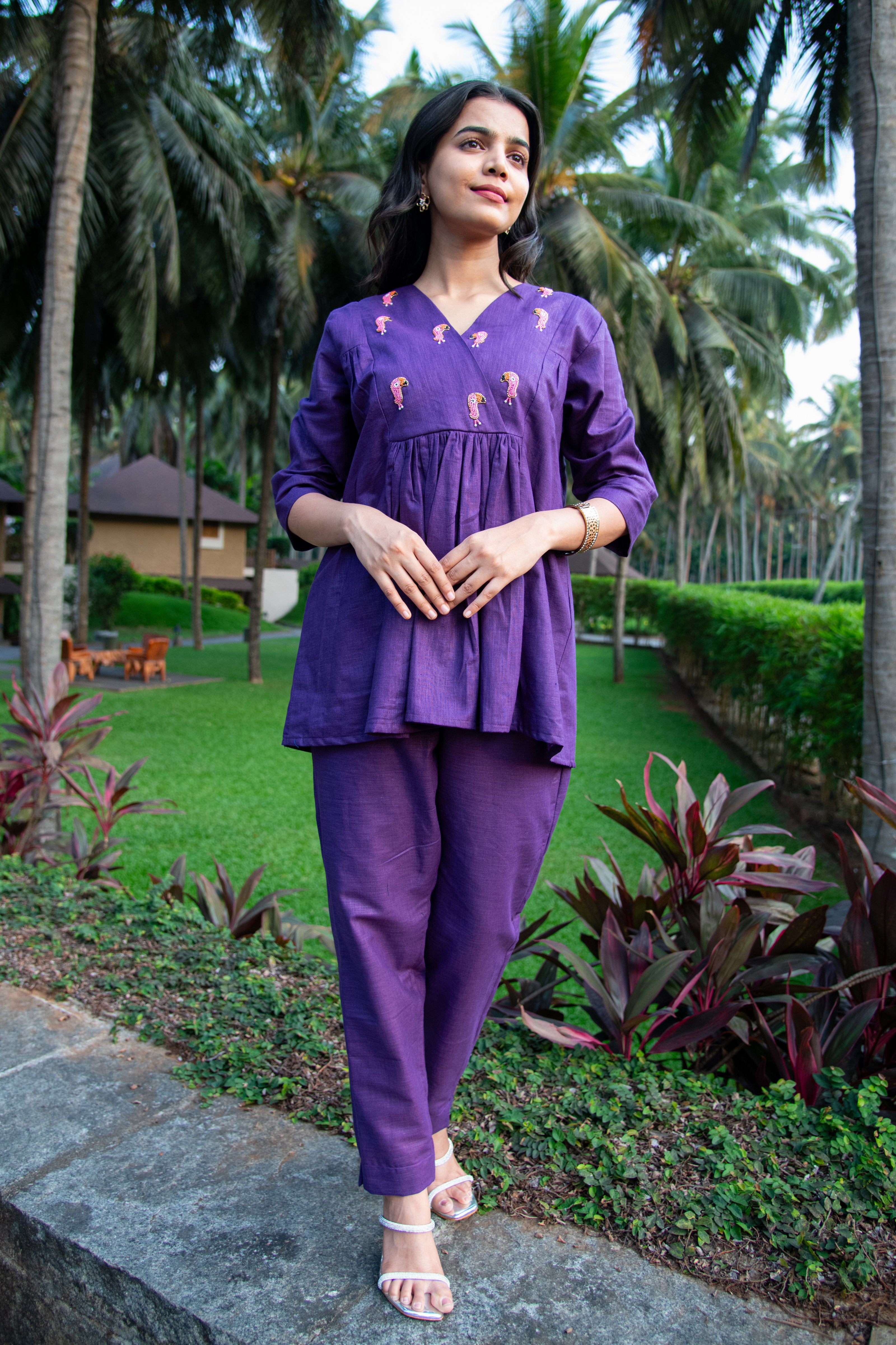 Purple Cotton Linen Co-Ord with Tucan Embroidery - Label Xari