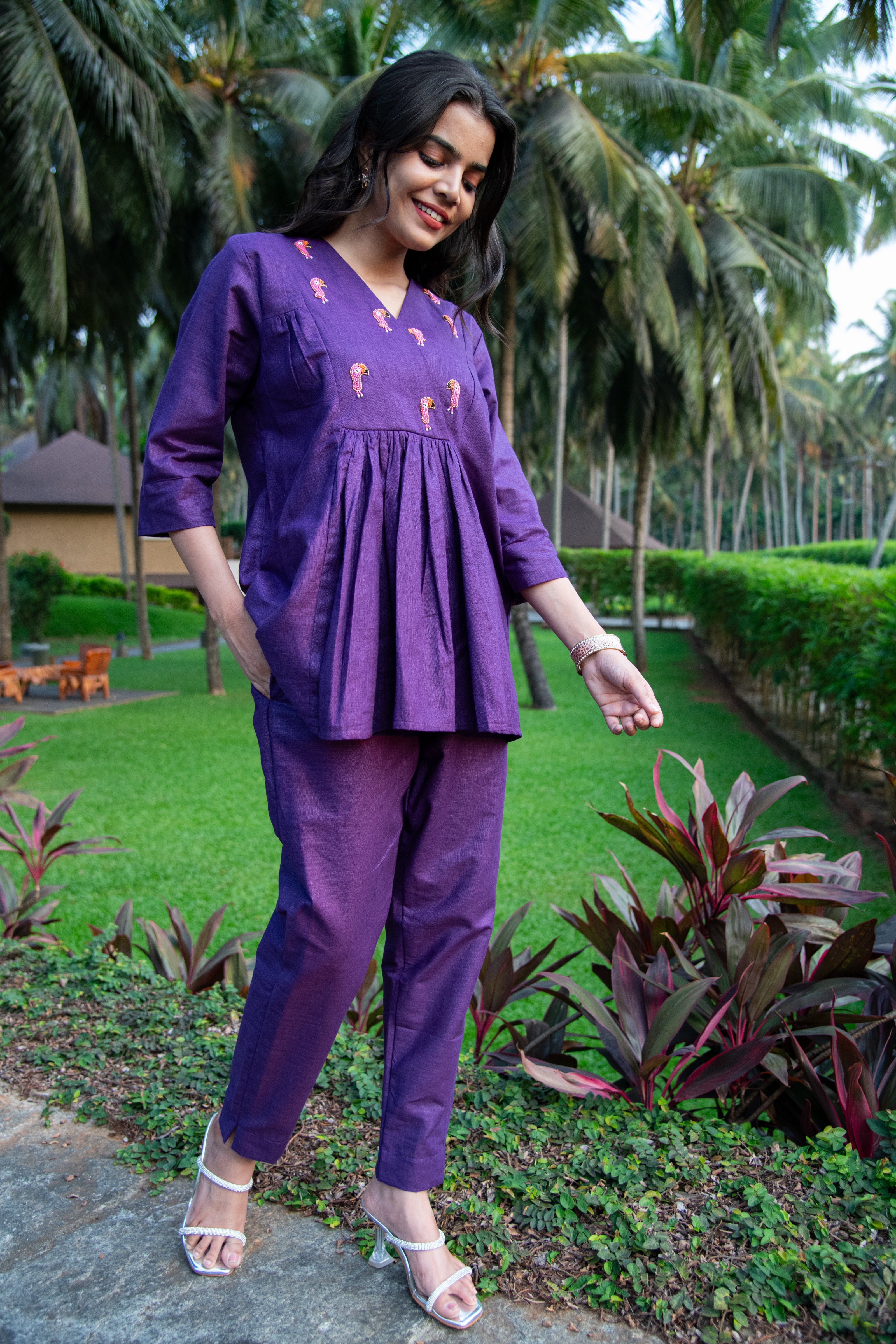 Purple Cotton Linen Co-Ord with Tucan Embroidery - Label Xari