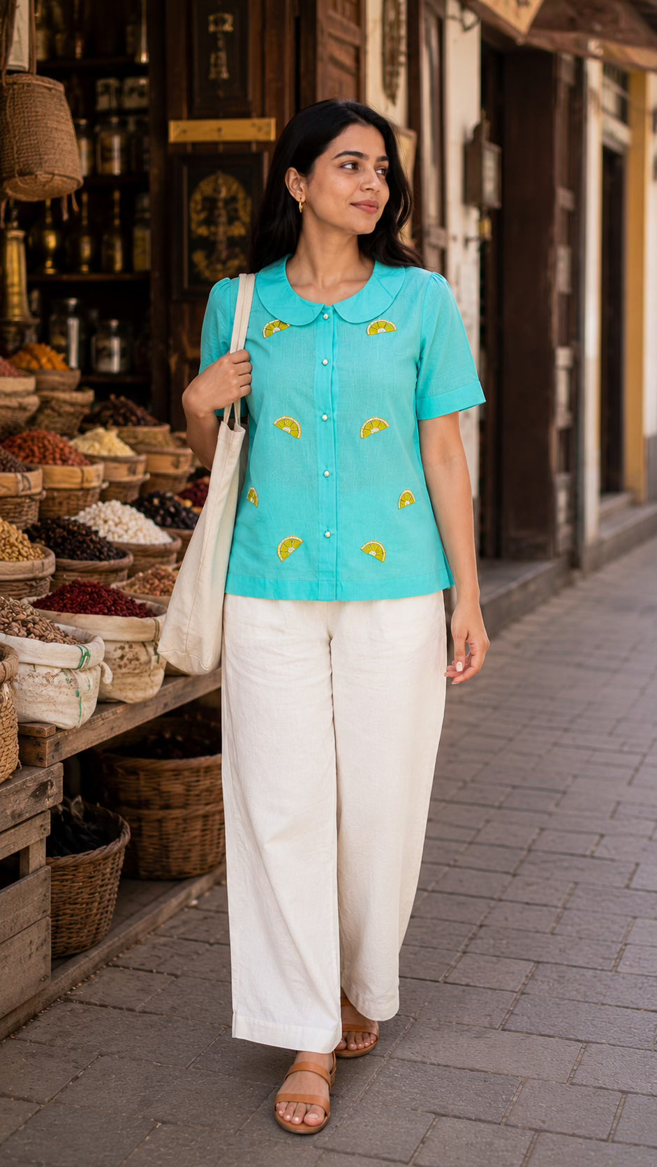 Turquoise Cotton Linen Shirt with Lemon Embroidery