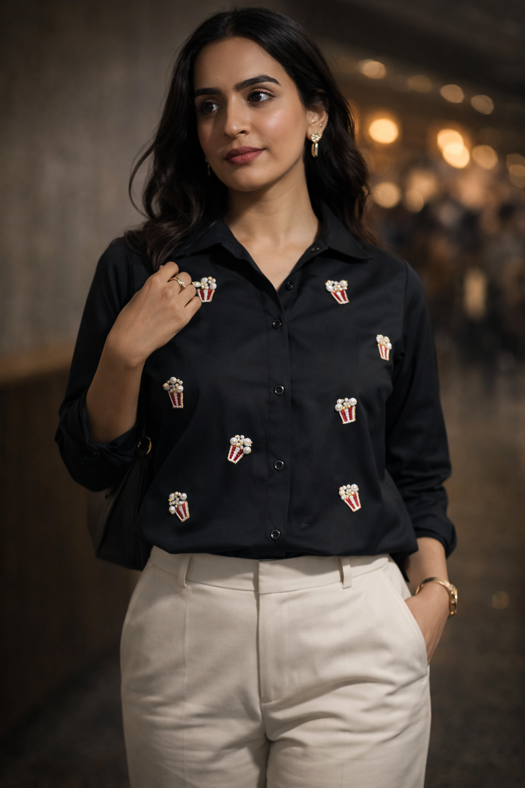 Black Cotton Shirt With Popcorn Embroidery