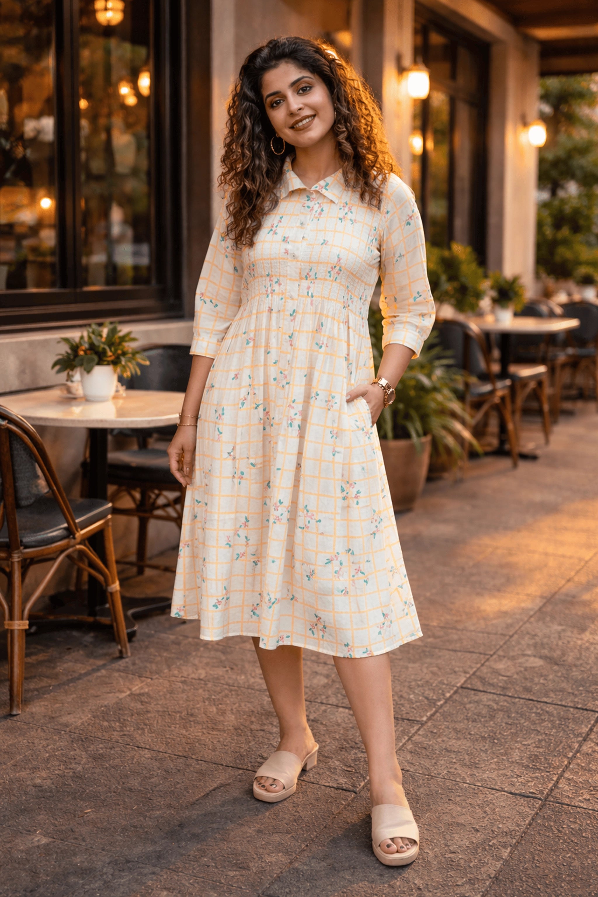 Yellow Smocked Checkered Floral Chanderi Silk Dress