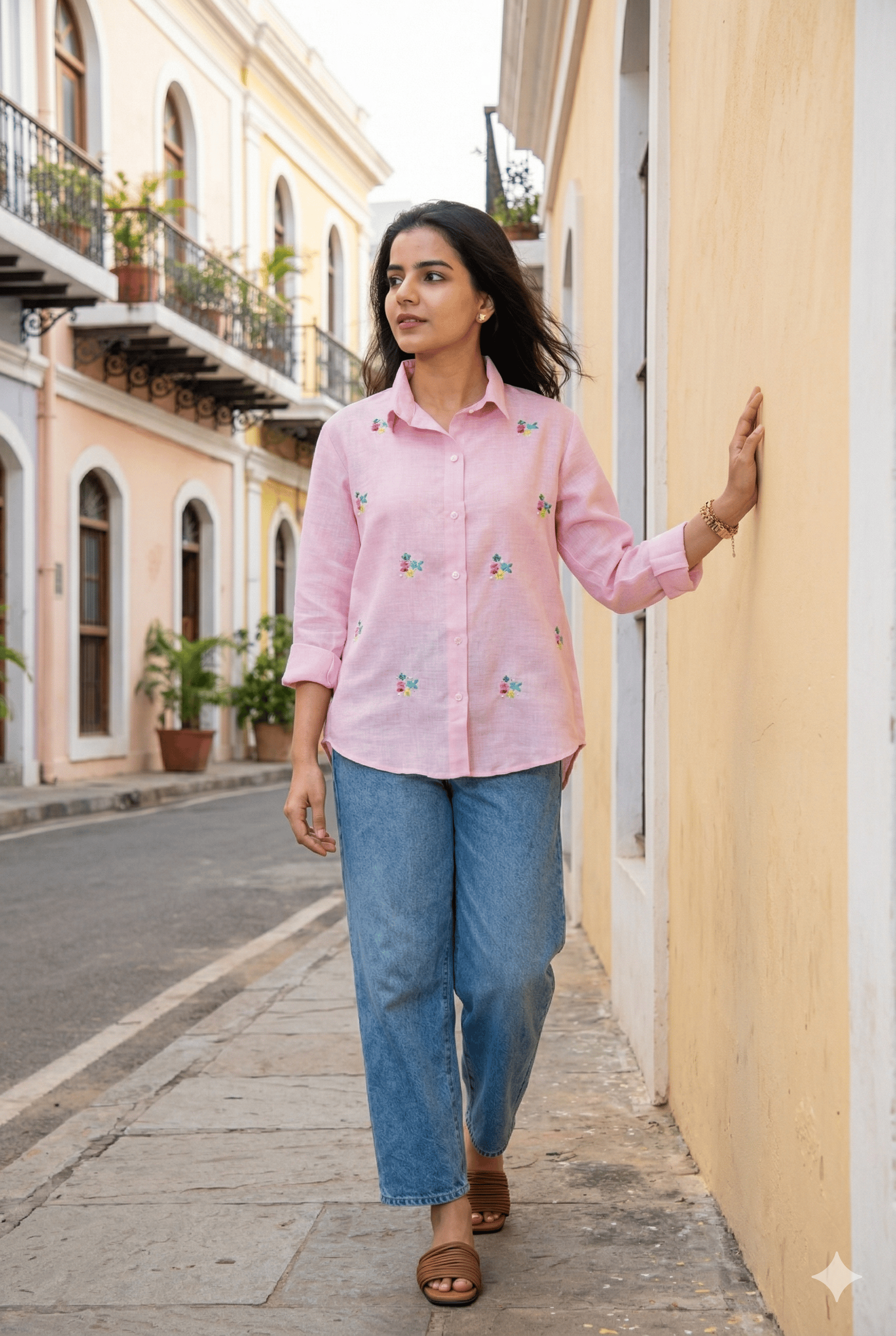 Pink Cotton Linen Shirt - Bullion Knot Embroidery