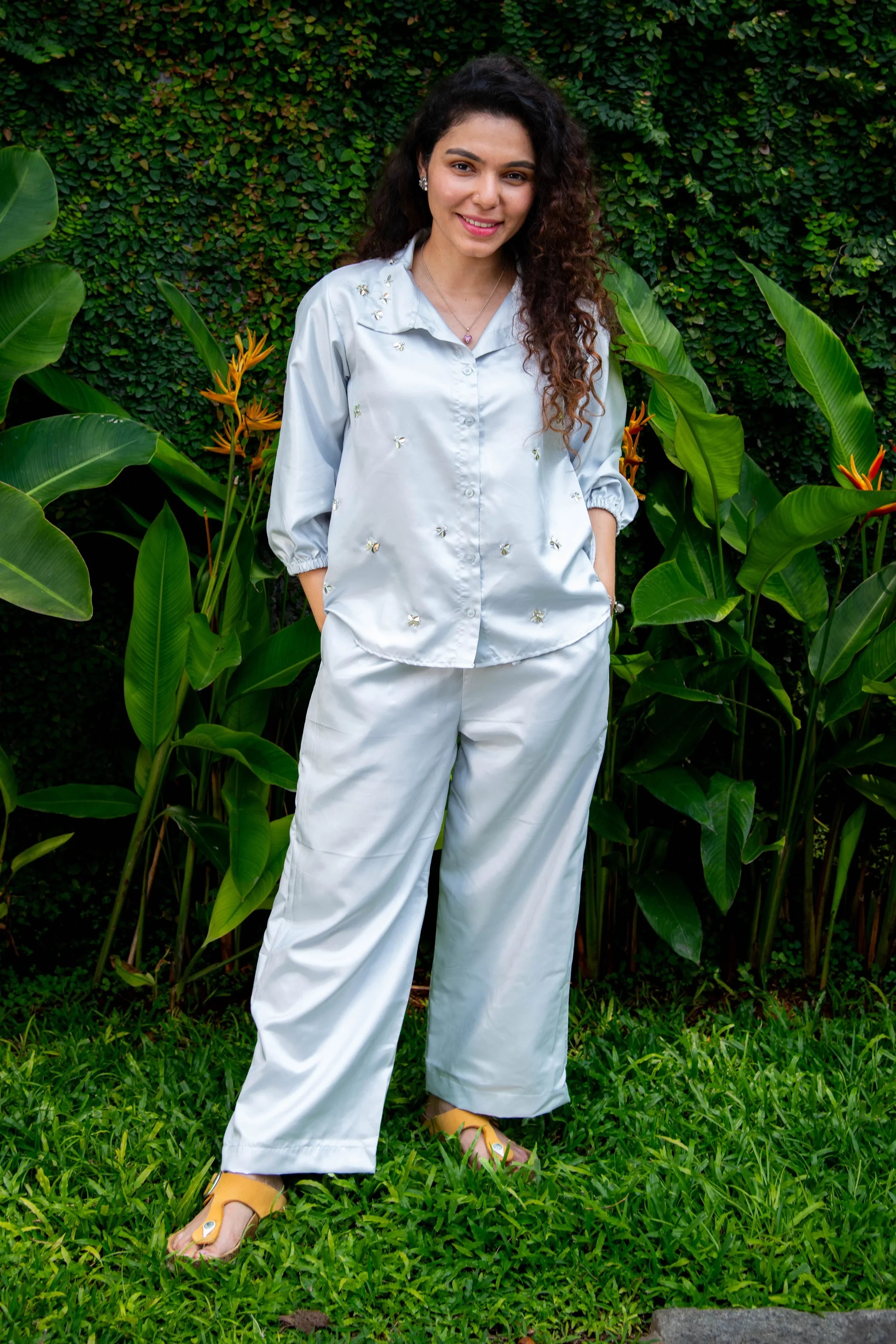 Light Grey Cotton Satin Sequin Embroidered Co-Ord - Hello June