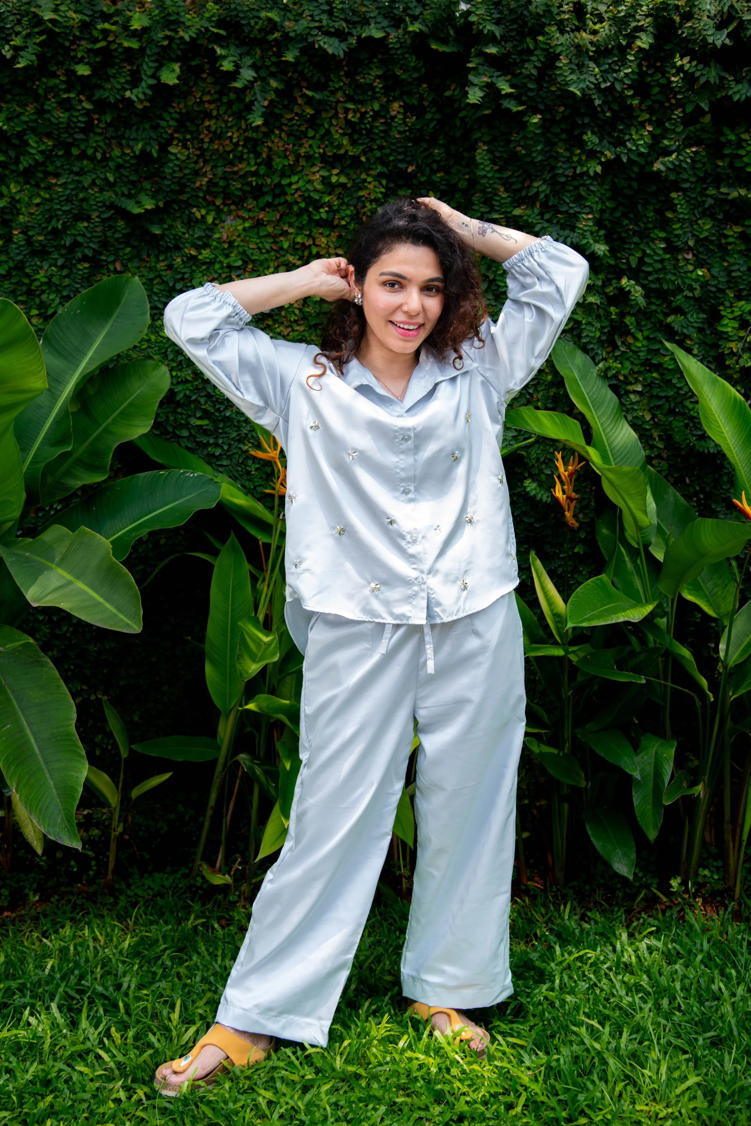 Light Grey Cotton Satin Sequin Embroidered Co-Ord - Hello June