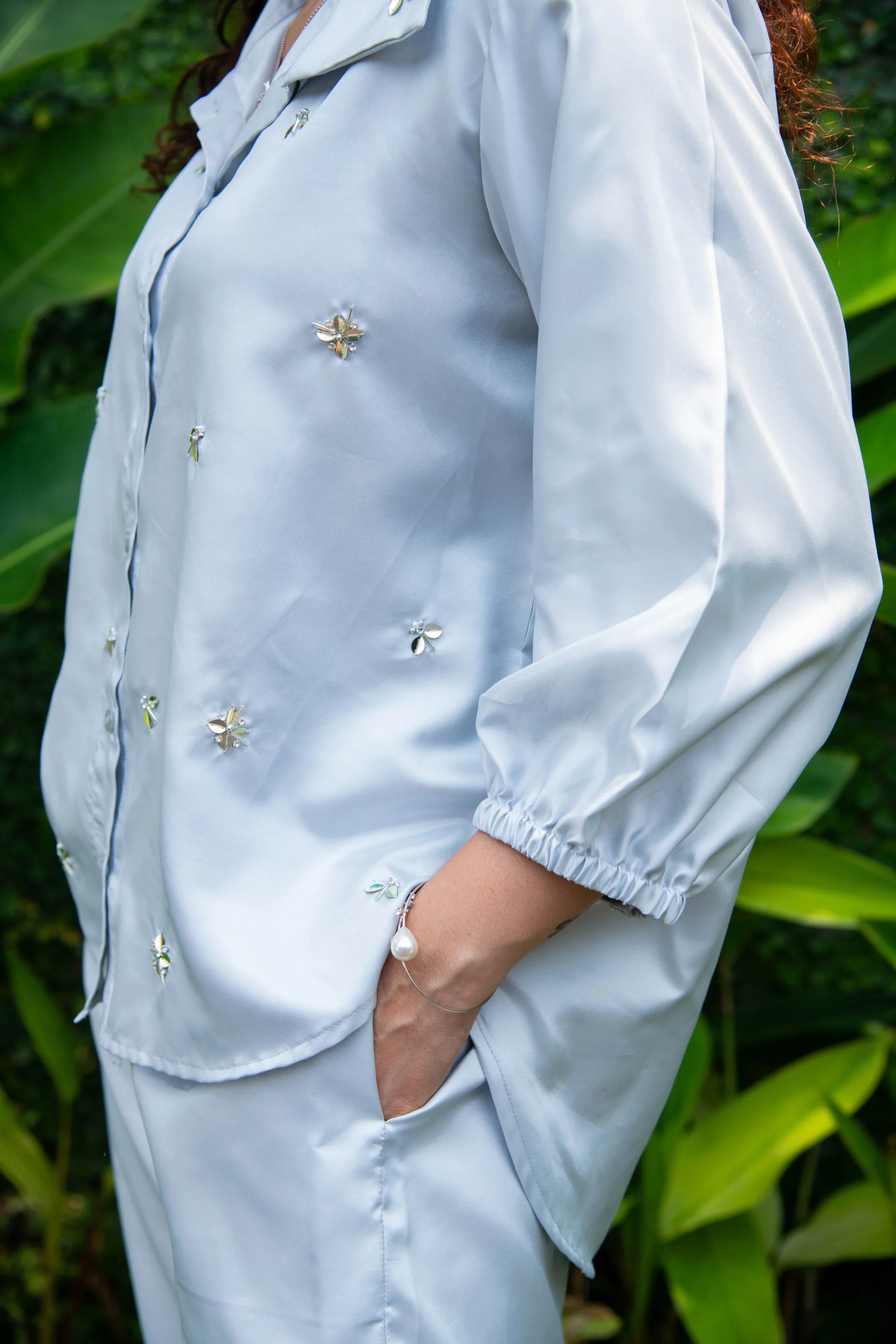 Light Grey Cotton Satin Sequin Embroidered Co-Ord - Hello June