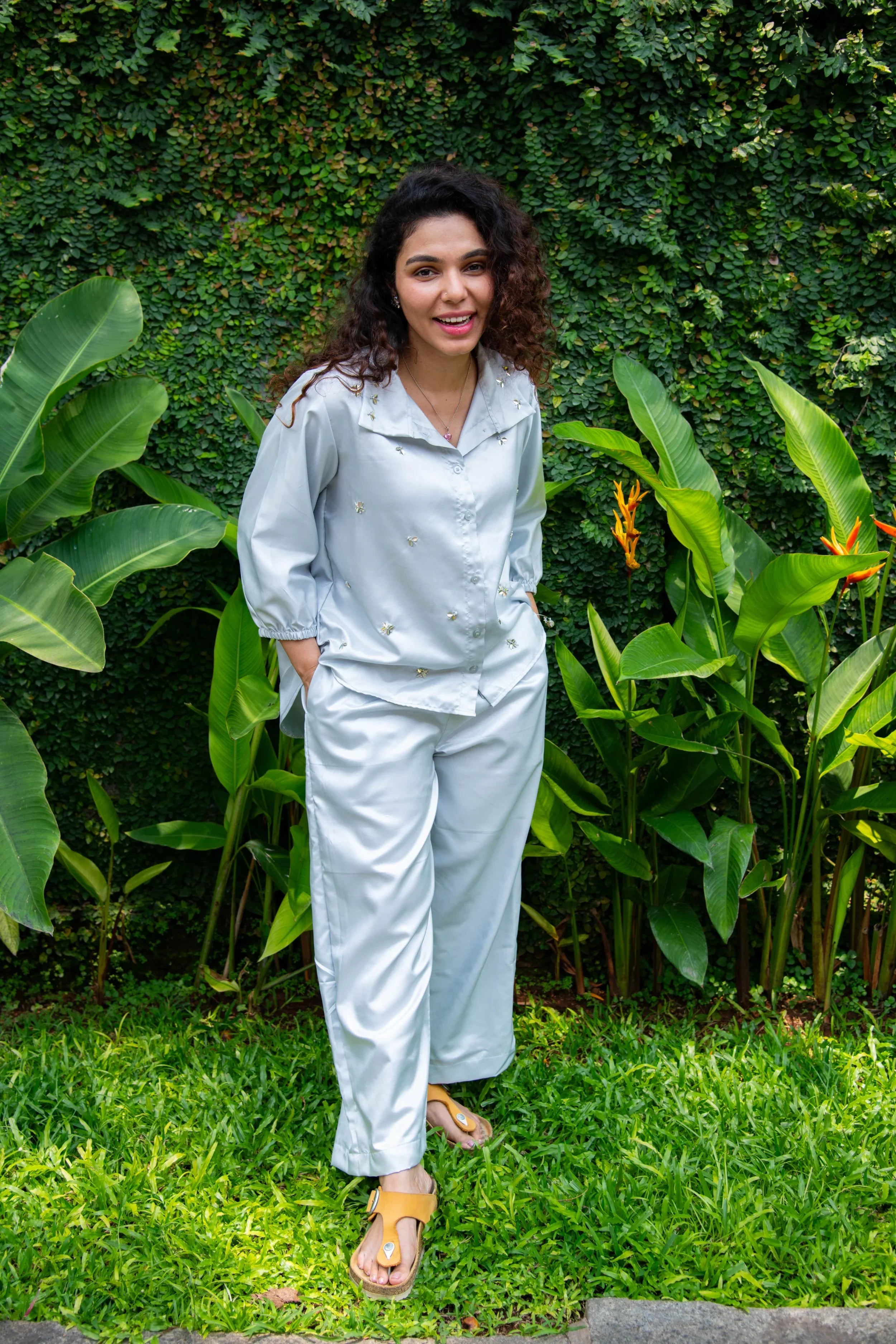 Light Grey Cotton Satin Sequin Embroidered Co-Ord - Hello June