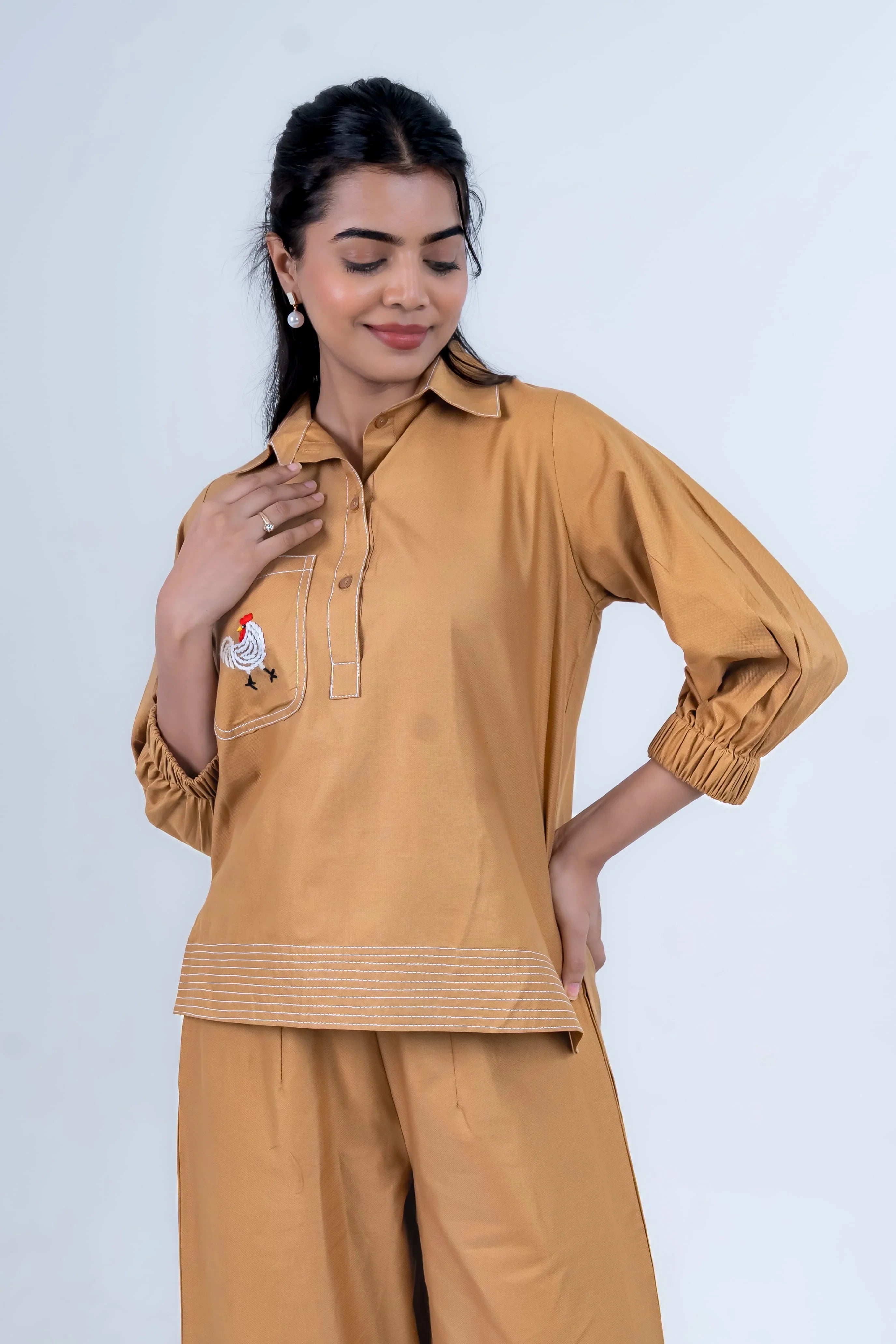 Spiced Honey Co-Ord with Hen Embroidery