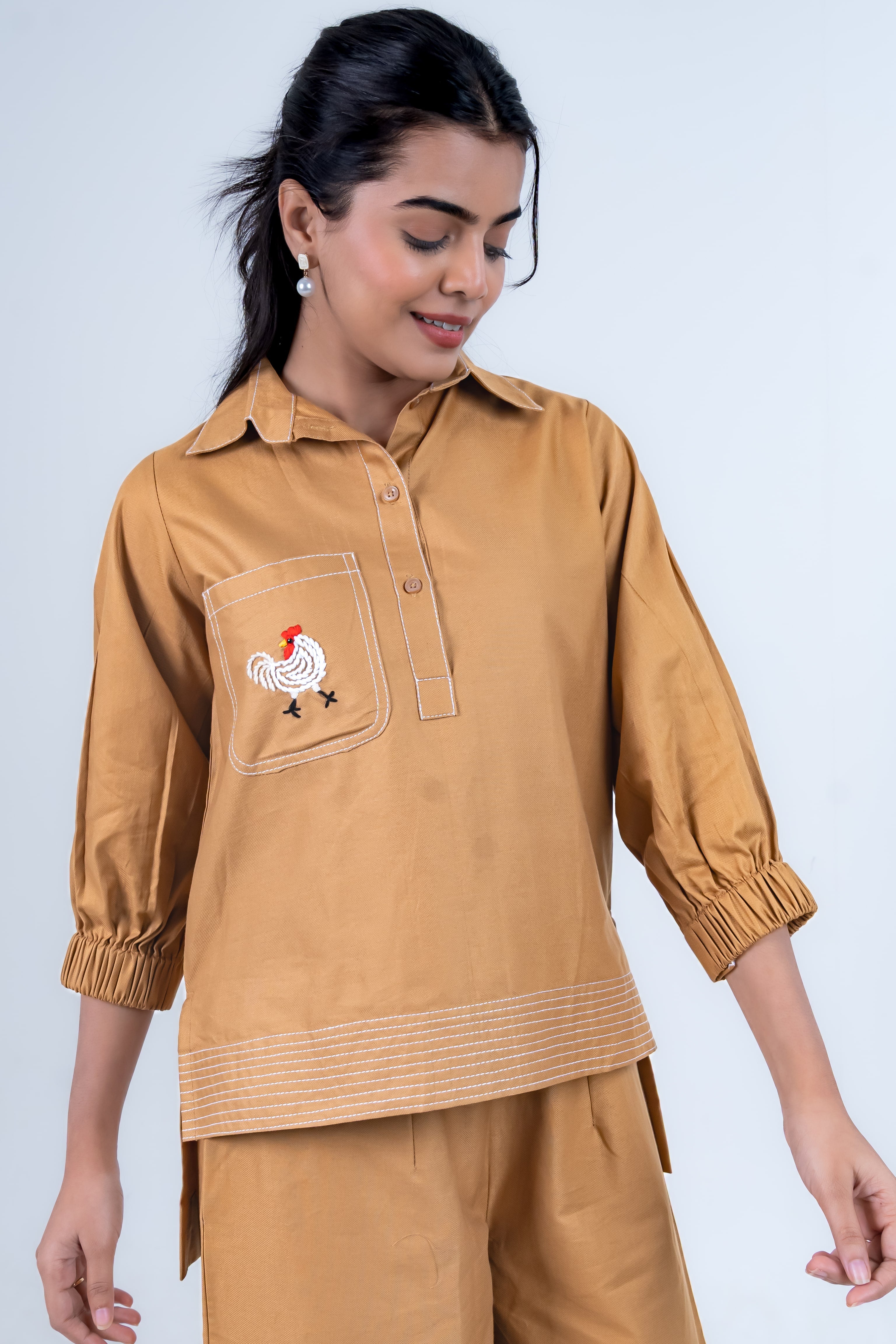 Spiced Honey Co-Ord with Hen Embroidery