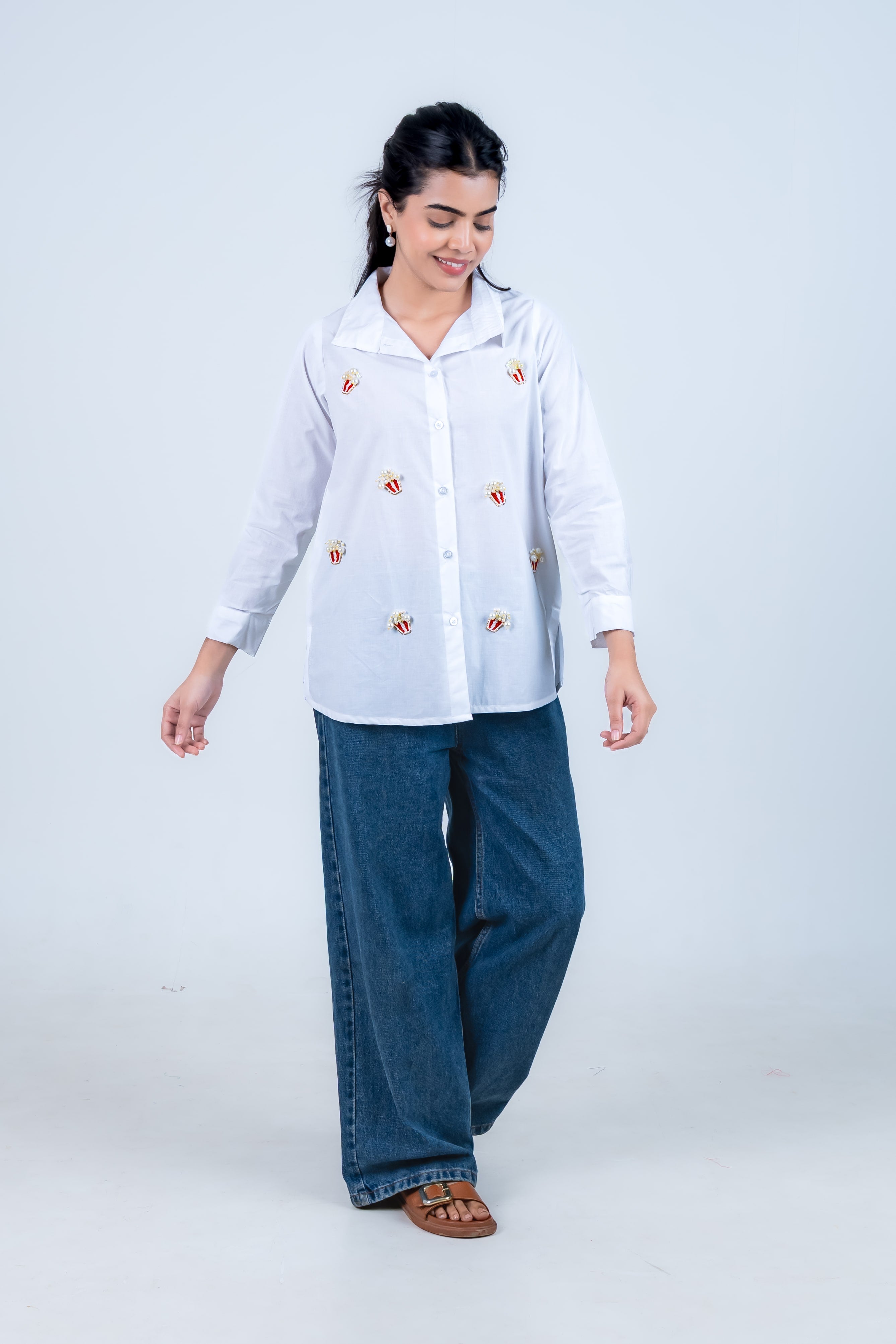 White Cotton Shirt With Popcorn Embroidery