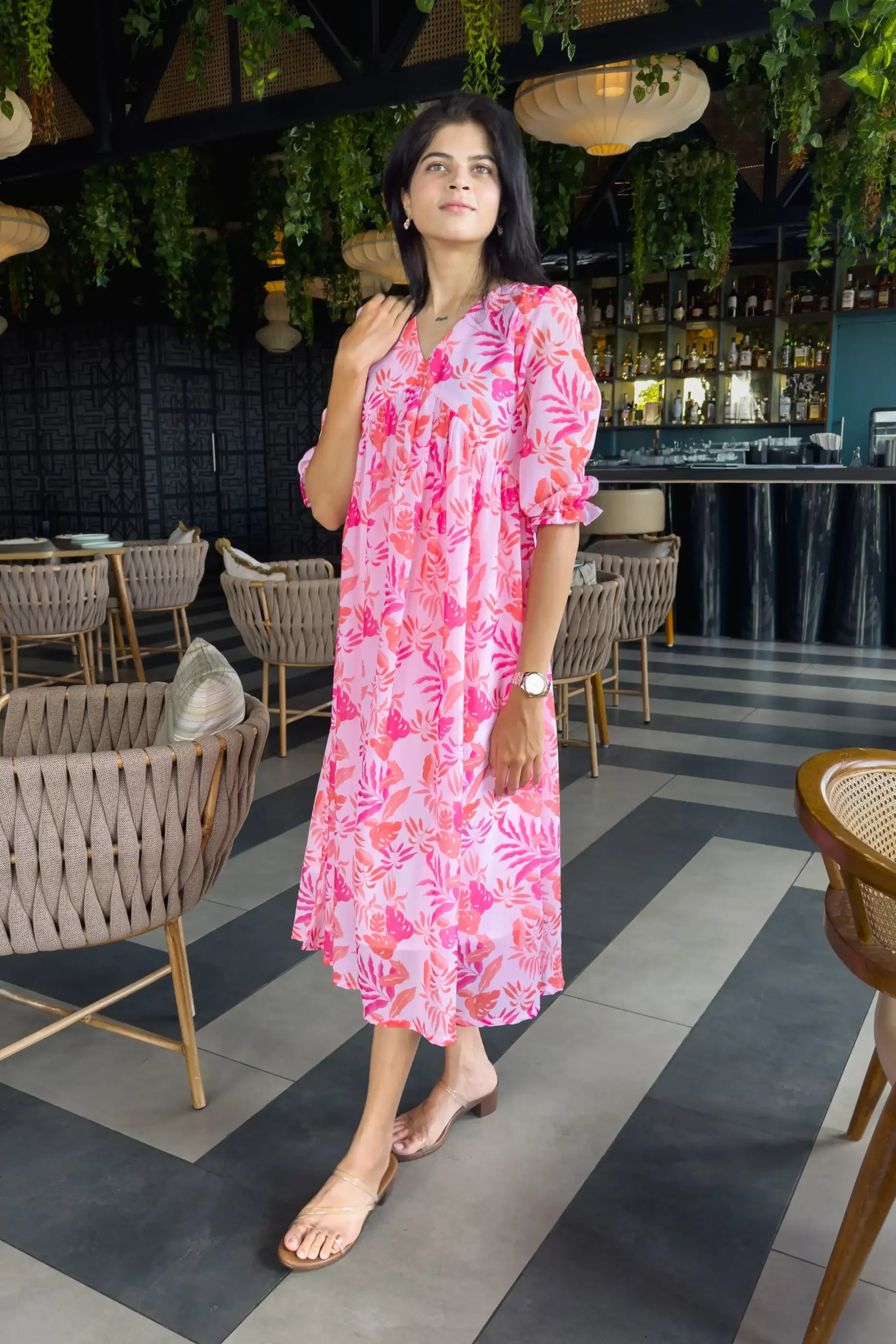 Pink Tropic Tangle Georgette Dress - Hello June