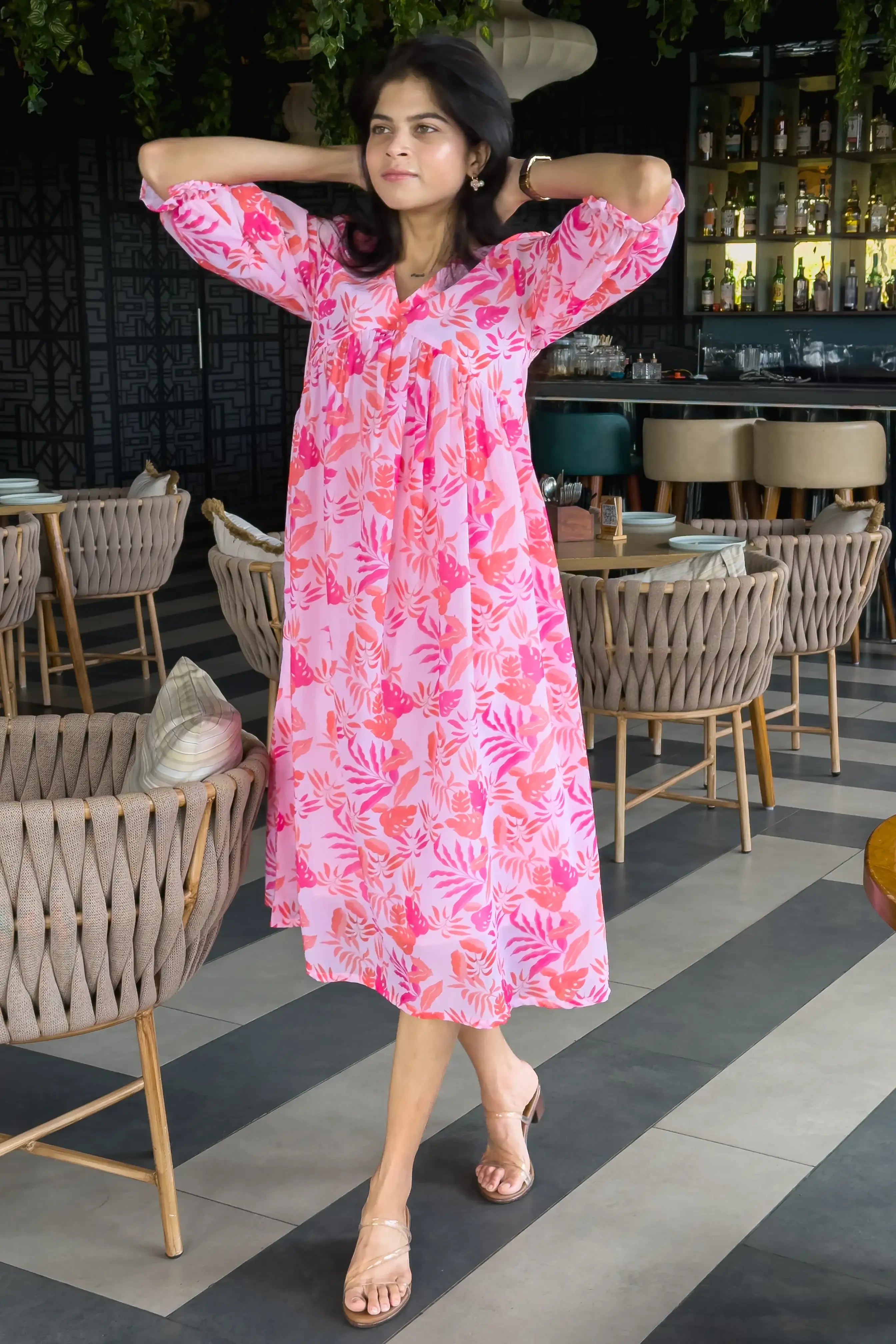 Pink Tropic Tangle Georgette Dress - Hello June