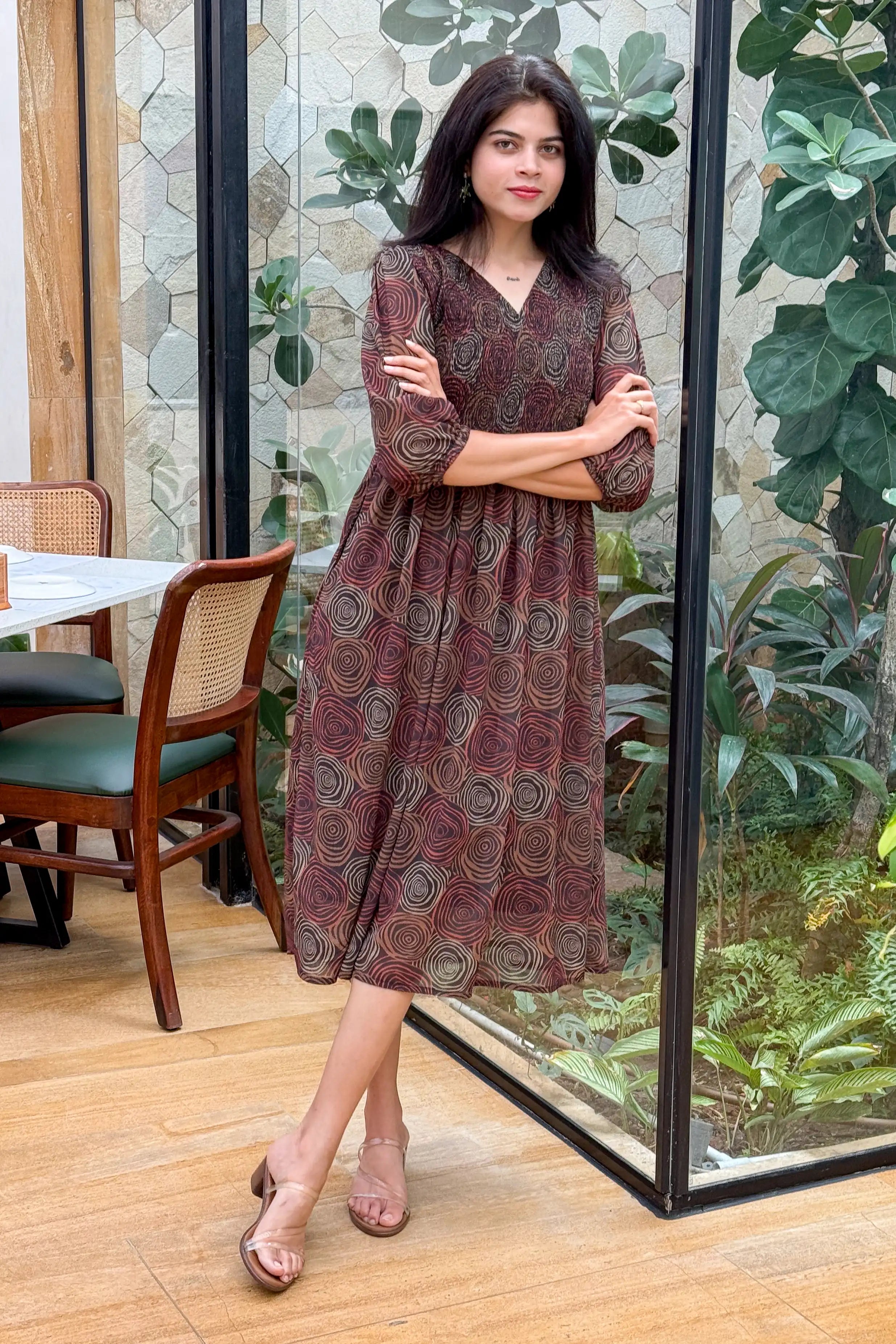 Black Smocked Geometric Print Georgette Dress