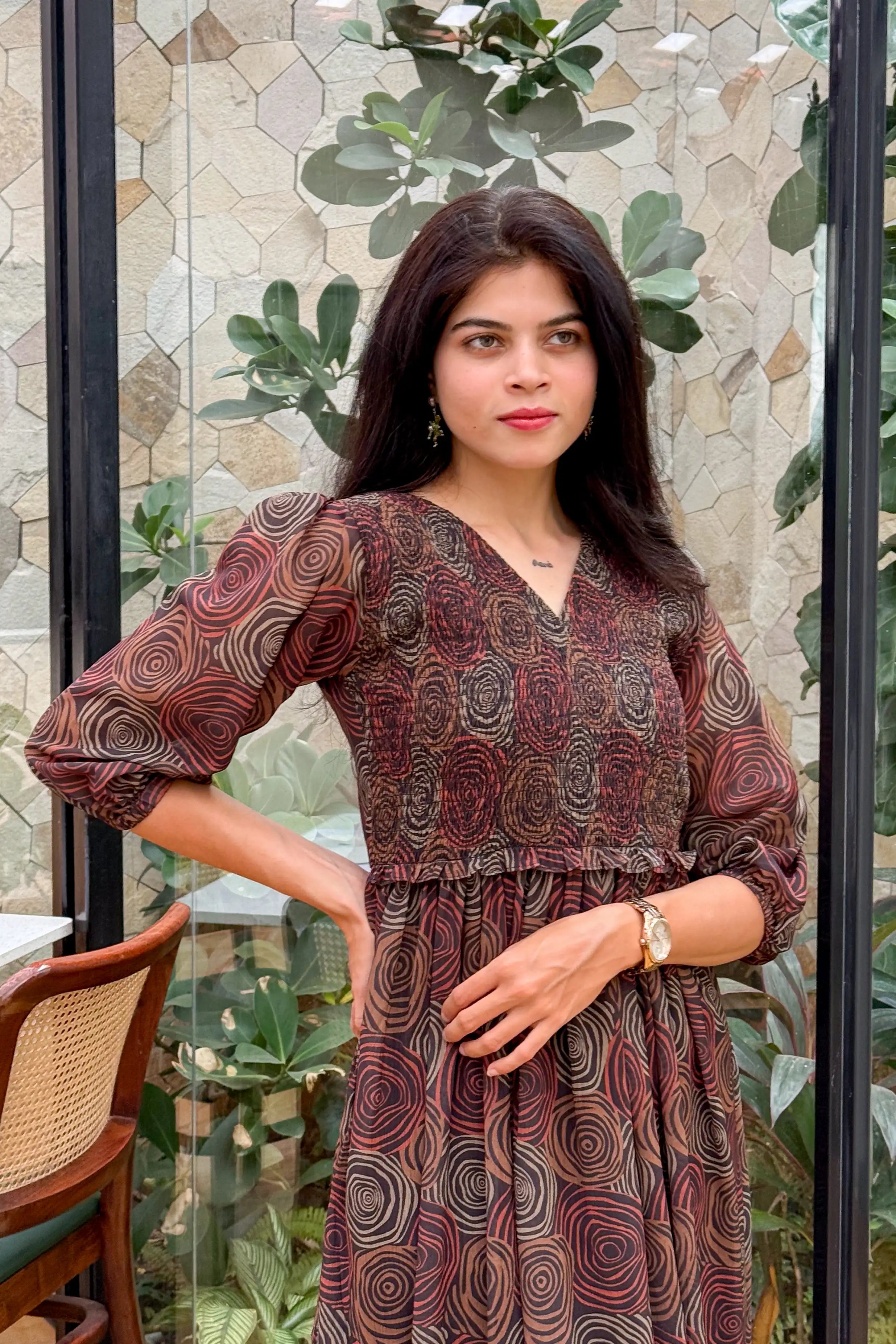 Black Smocked Geometric Print Georgette Dress