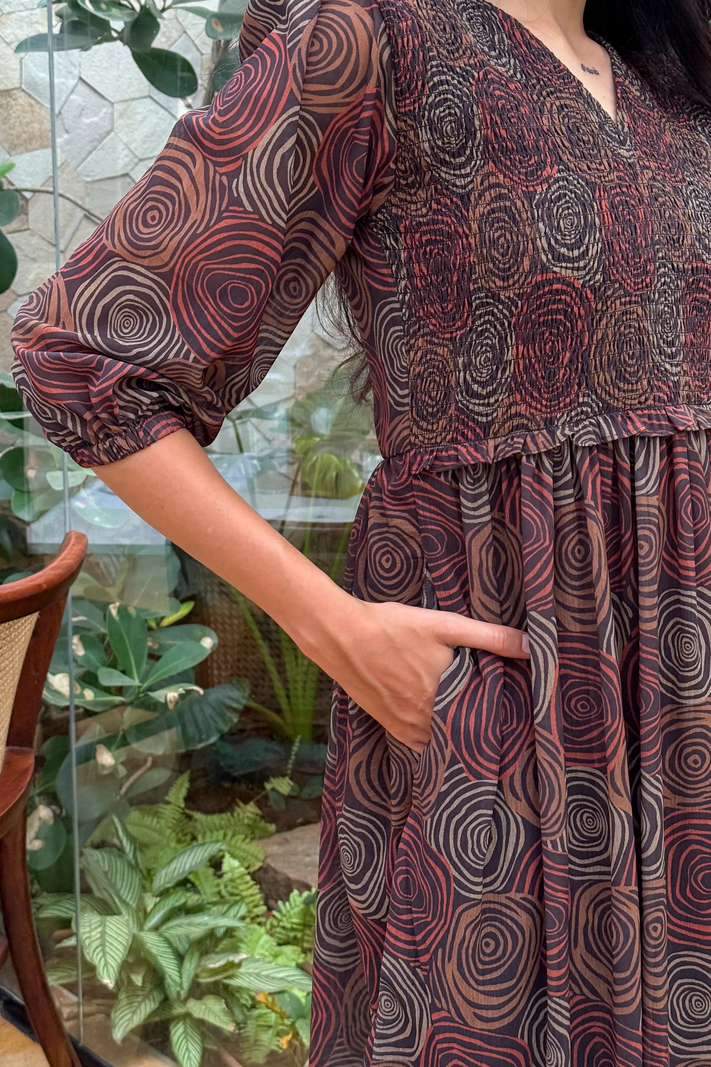 Black Smocked Geometric Print Georgette Dress