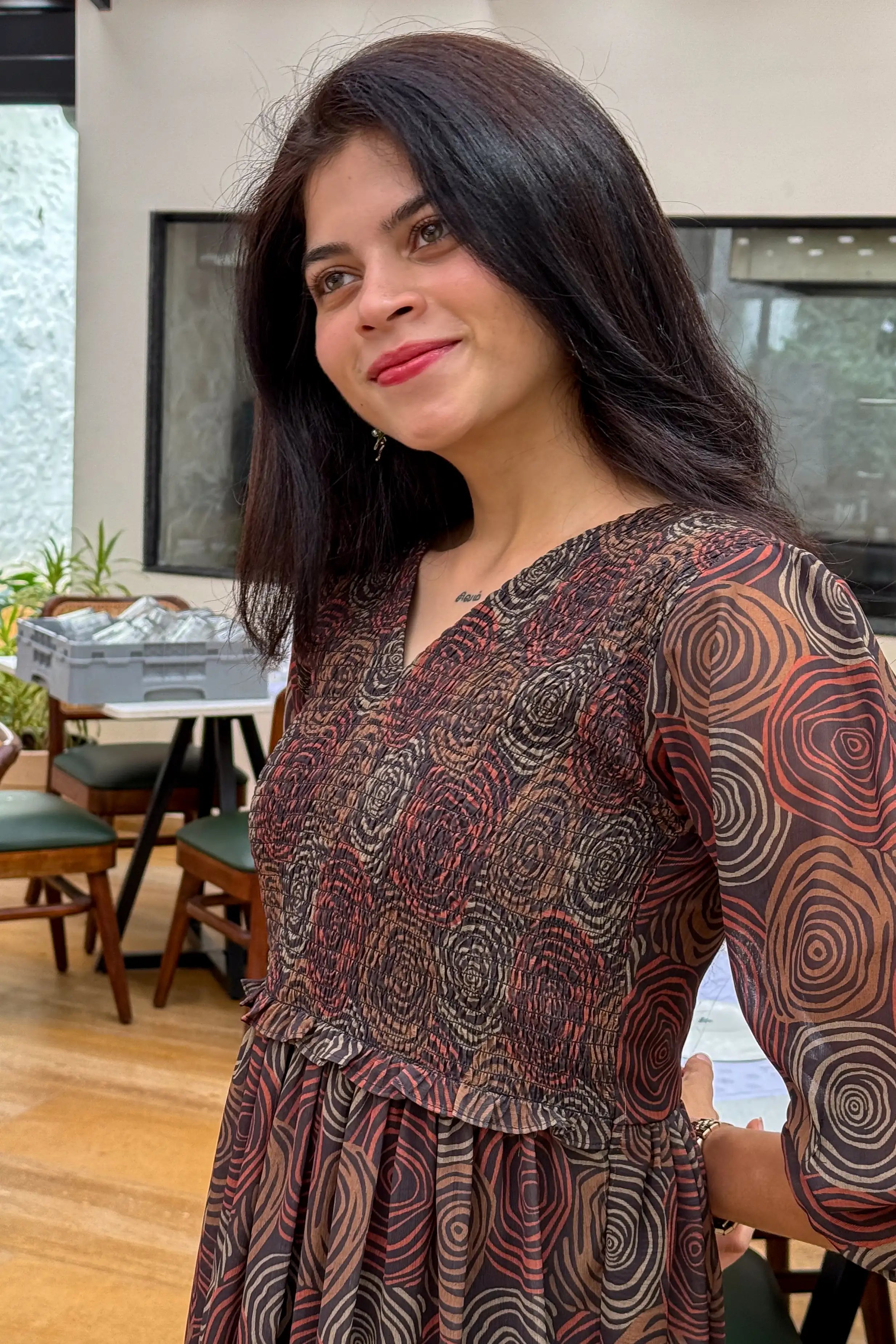 Black Smocked Geometric Print Georgette Dress