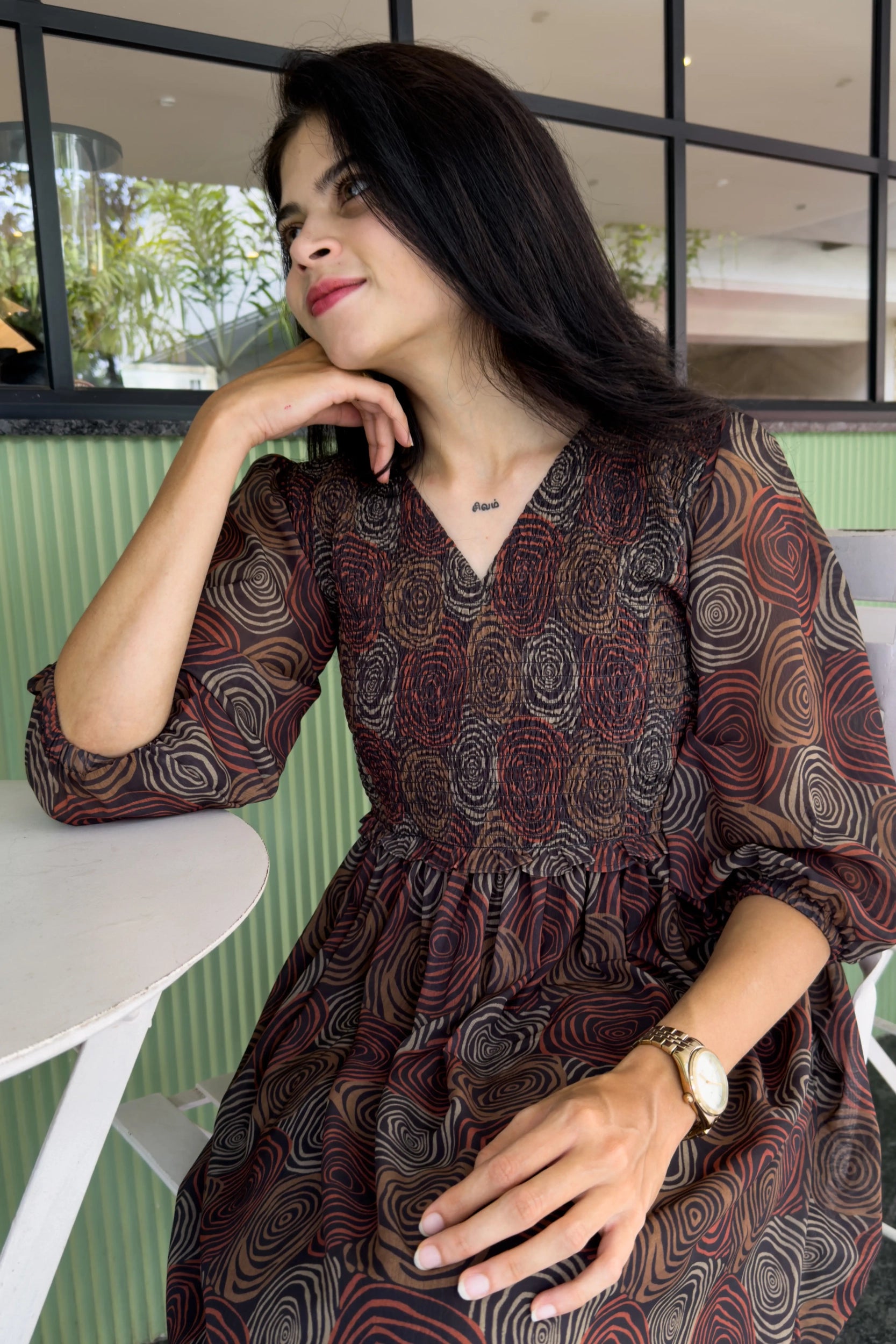 Black Smocked Geometric Print Georgette Dress