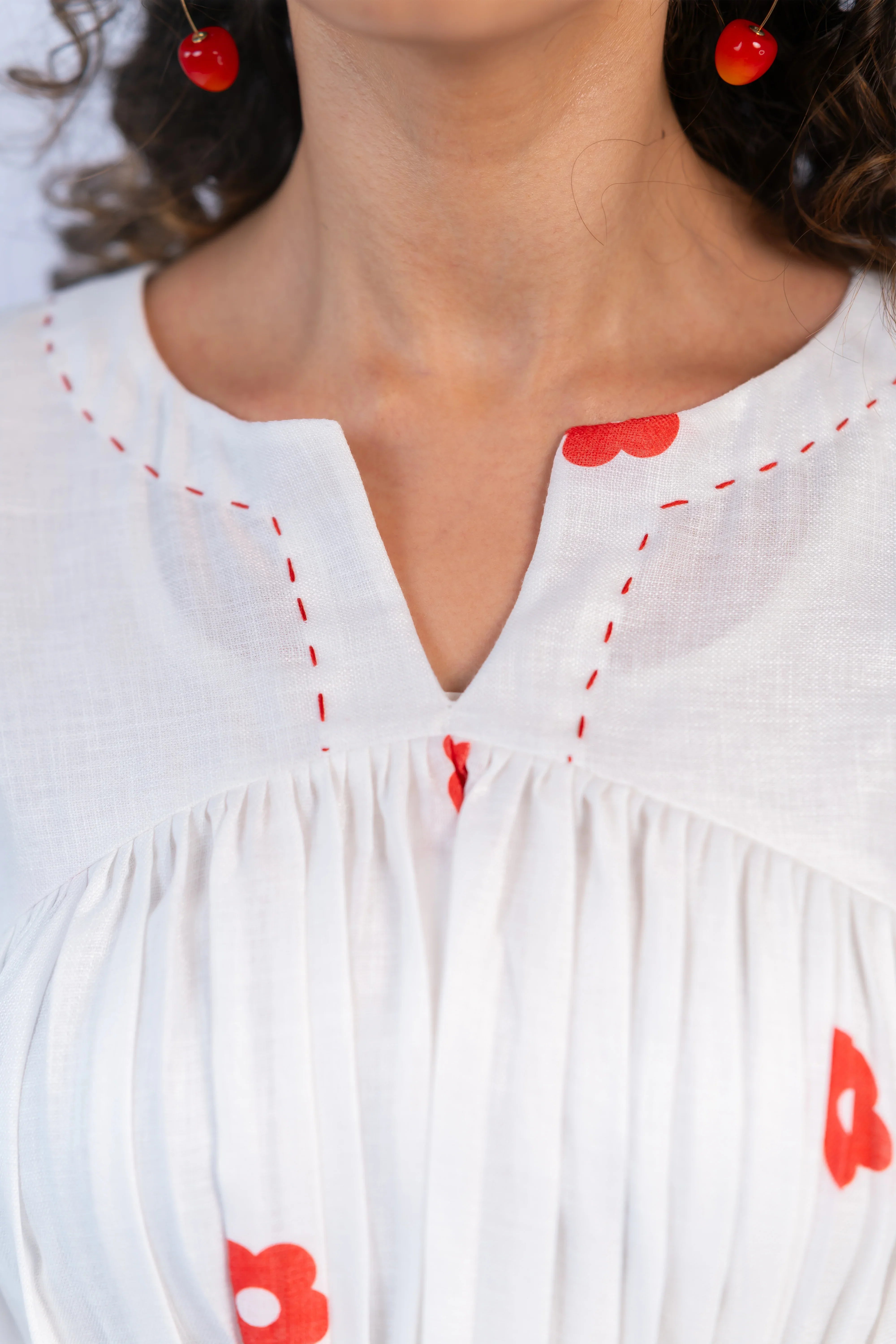 White & Red Daisy Print Linen Dress