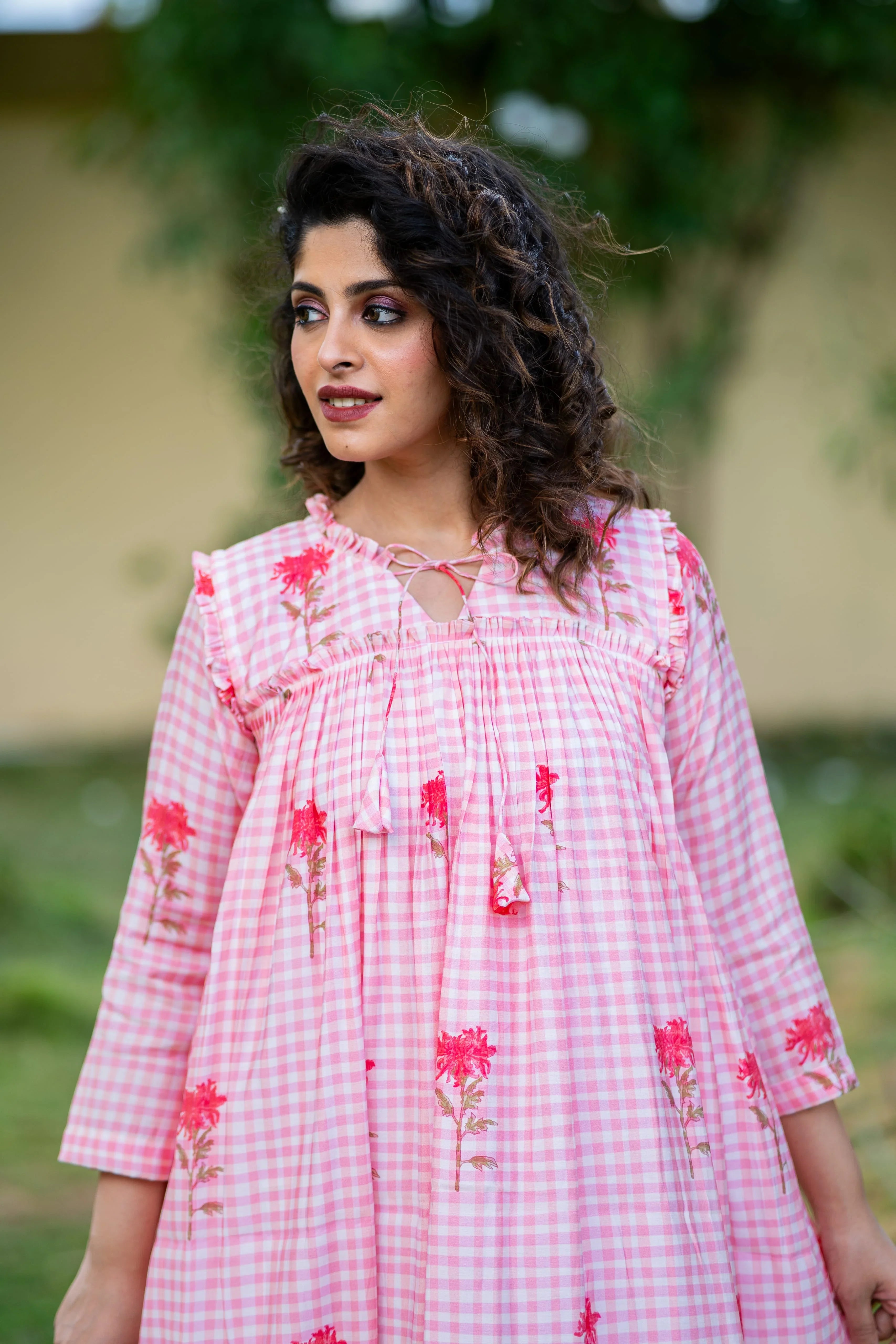 Pink Checkered Marigold Print Chanderi Silk Dress