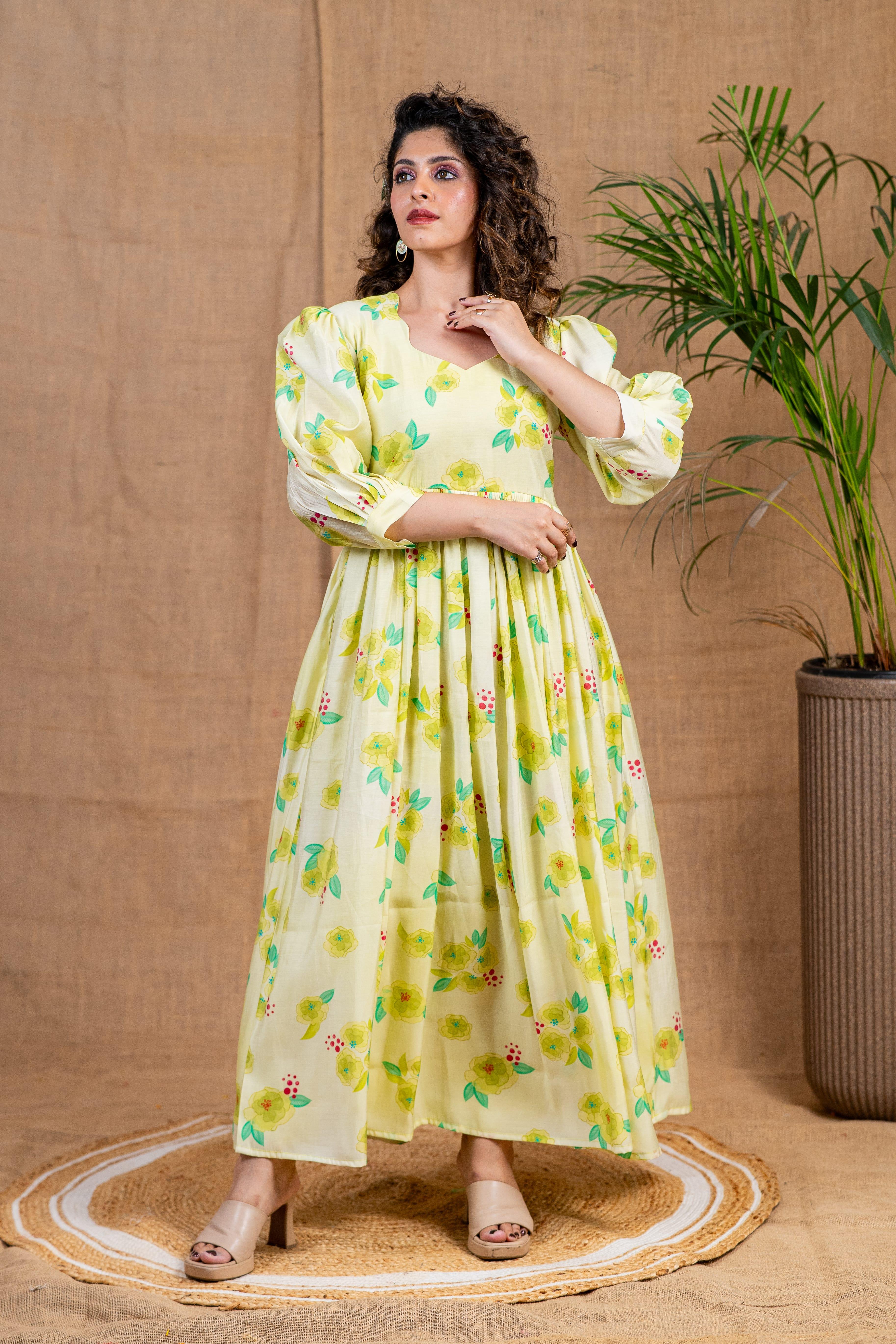 Green Floral Chanderi Silk Dress