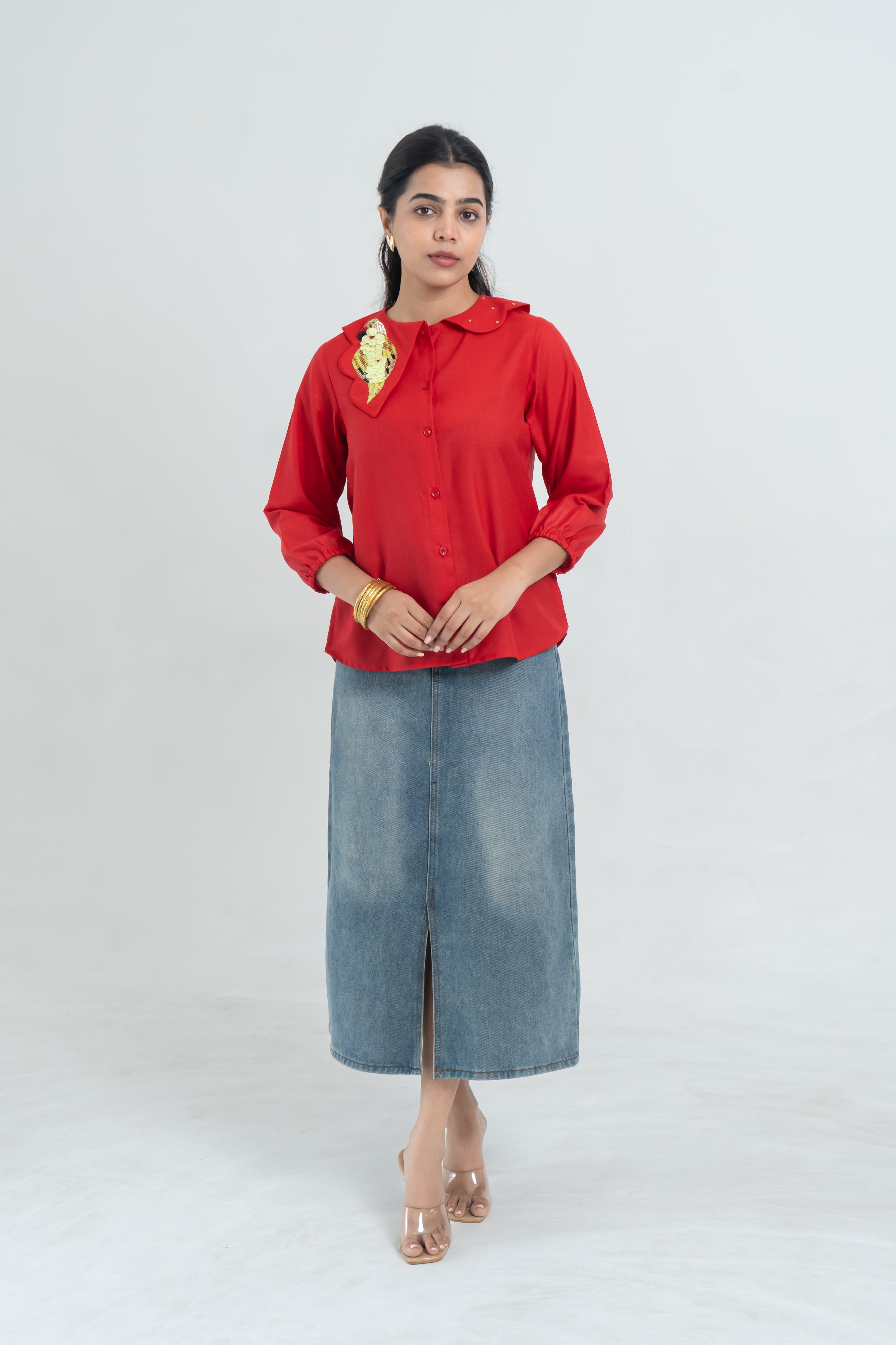 Red Cotton Shirt with Parrot Embroidered Collar