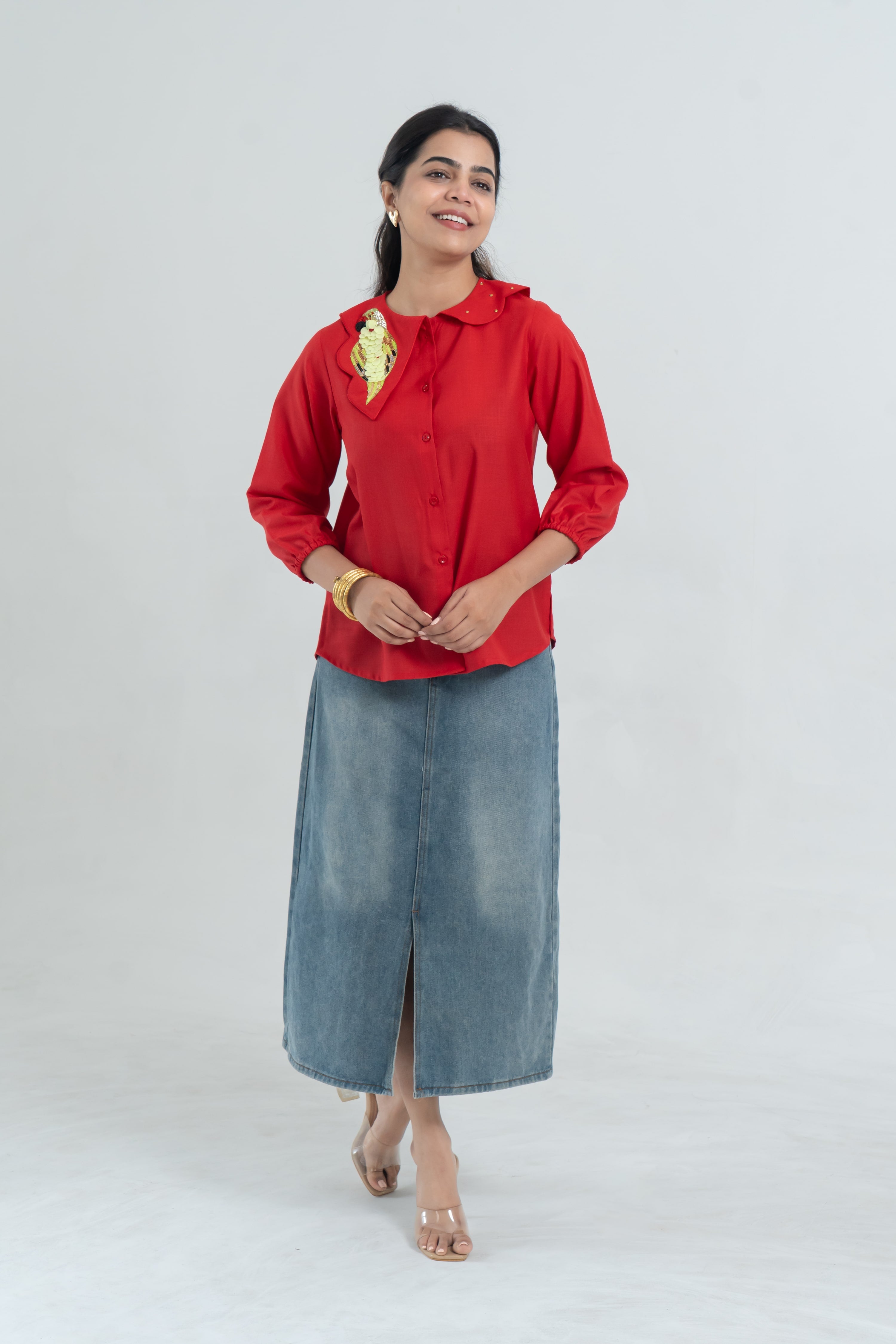Red Cotton Shirt with Parrot Embroidered Collar
