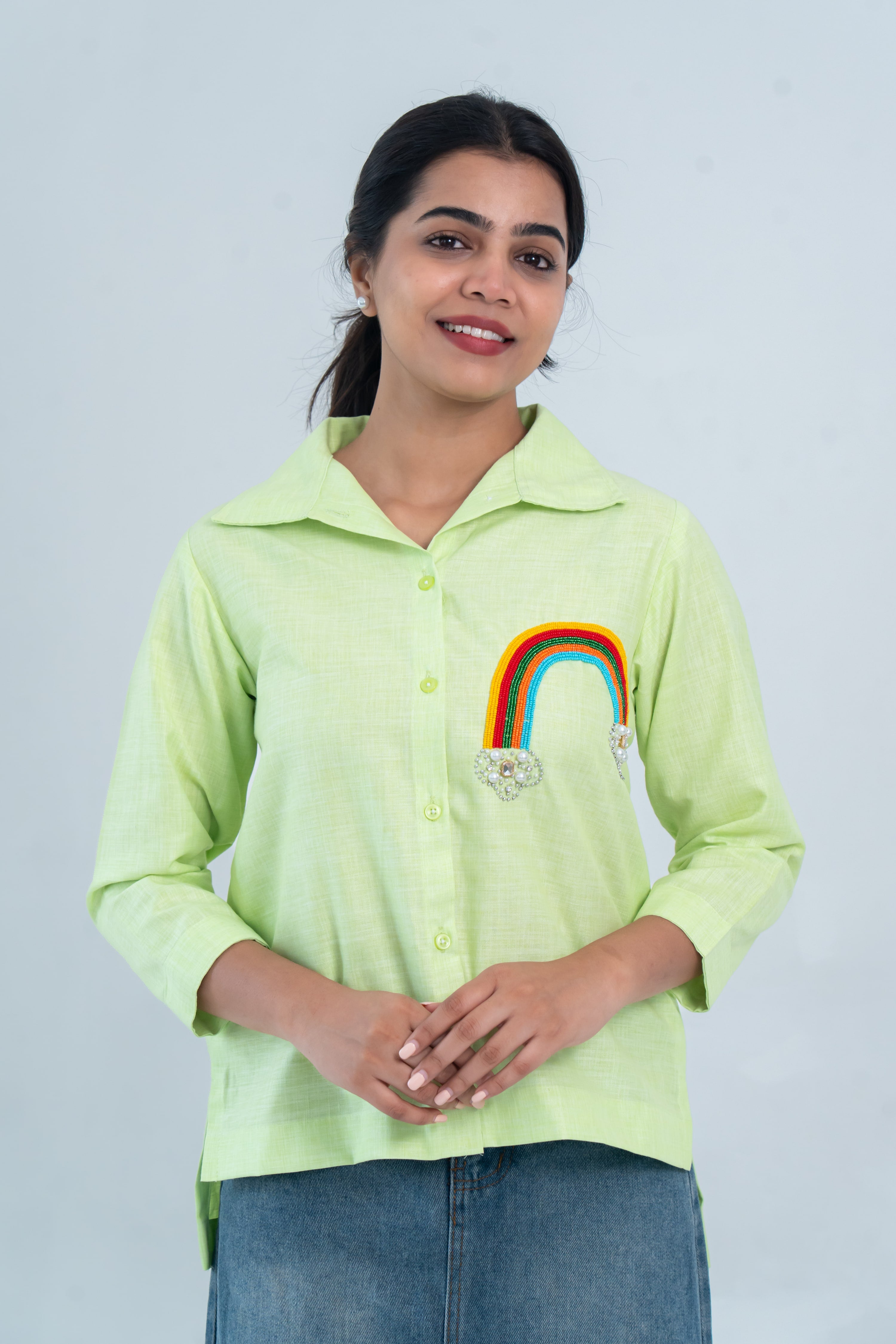 Lime Green Rainbow Embroidered Cotton Linen Shirt