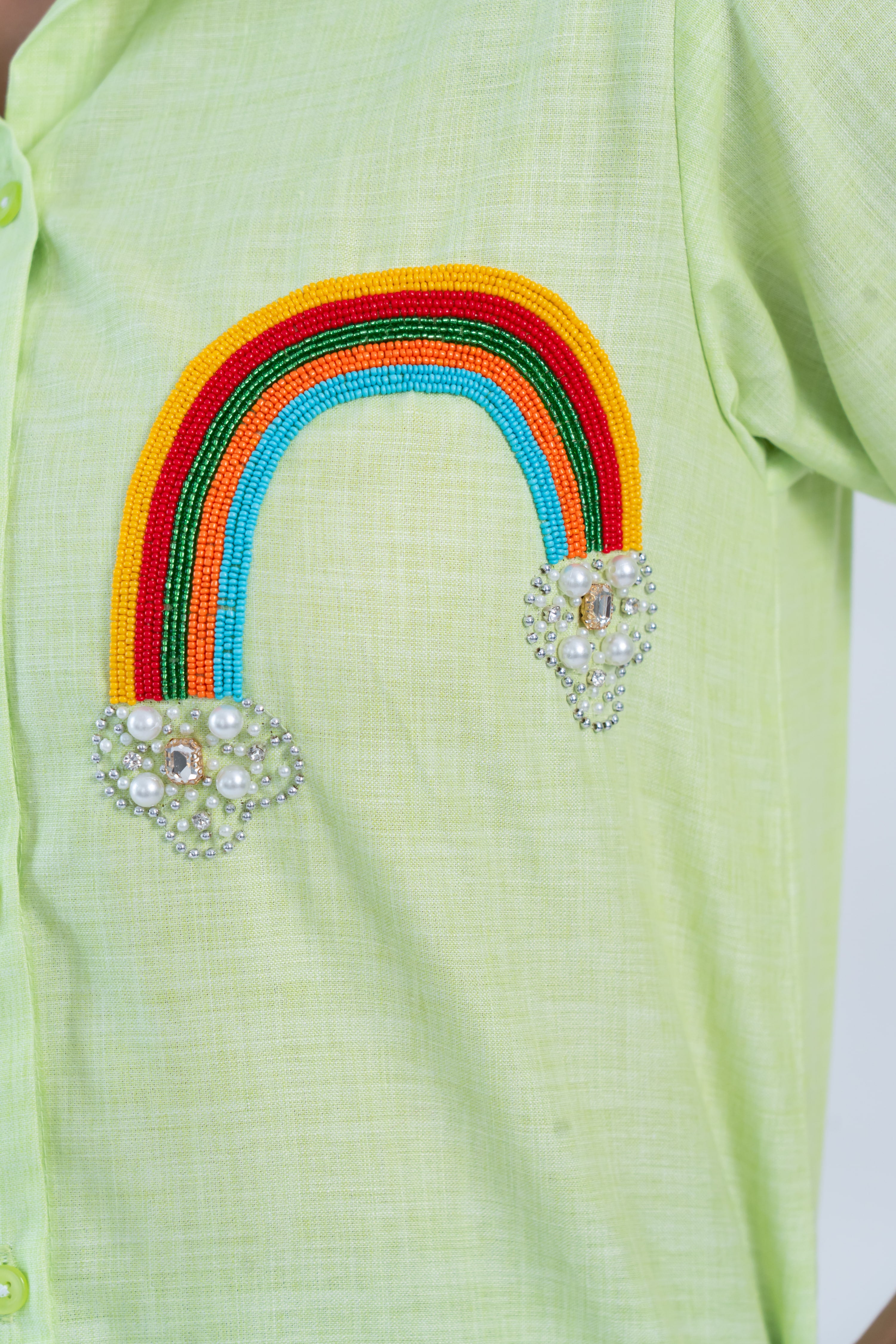 Lime Green Rainbow Embroidered Cotton Linen Shirt