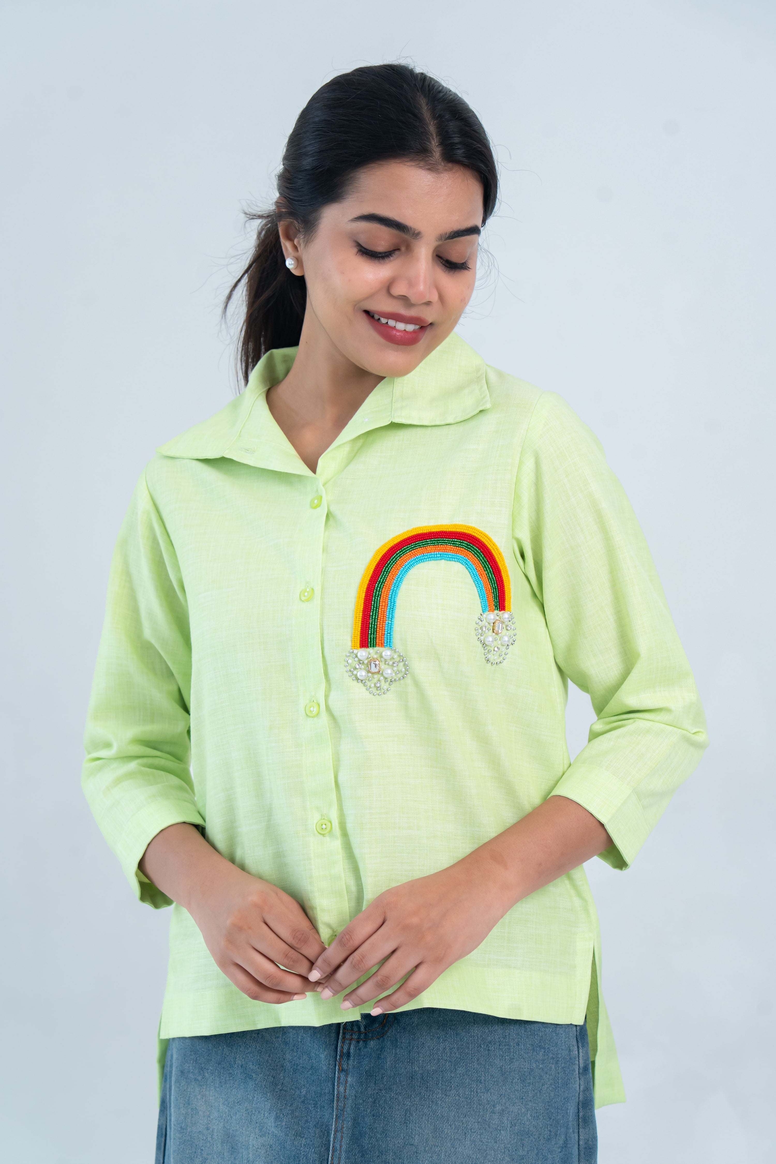 Lime Green Rainbow Embroidered Cotton Linen Shirt