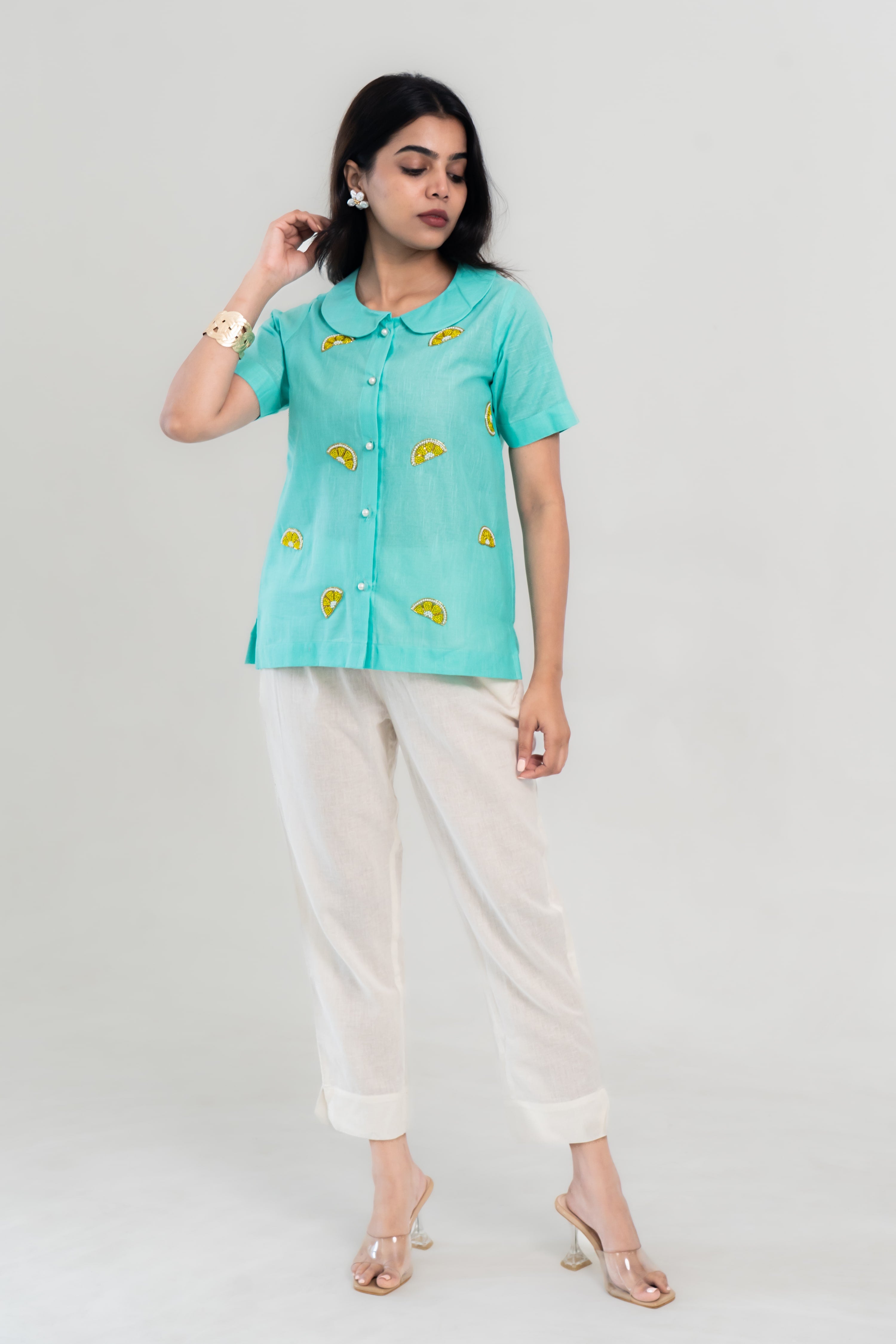 Turquoise Cotton Linen Shirt with Lemon Embroidery